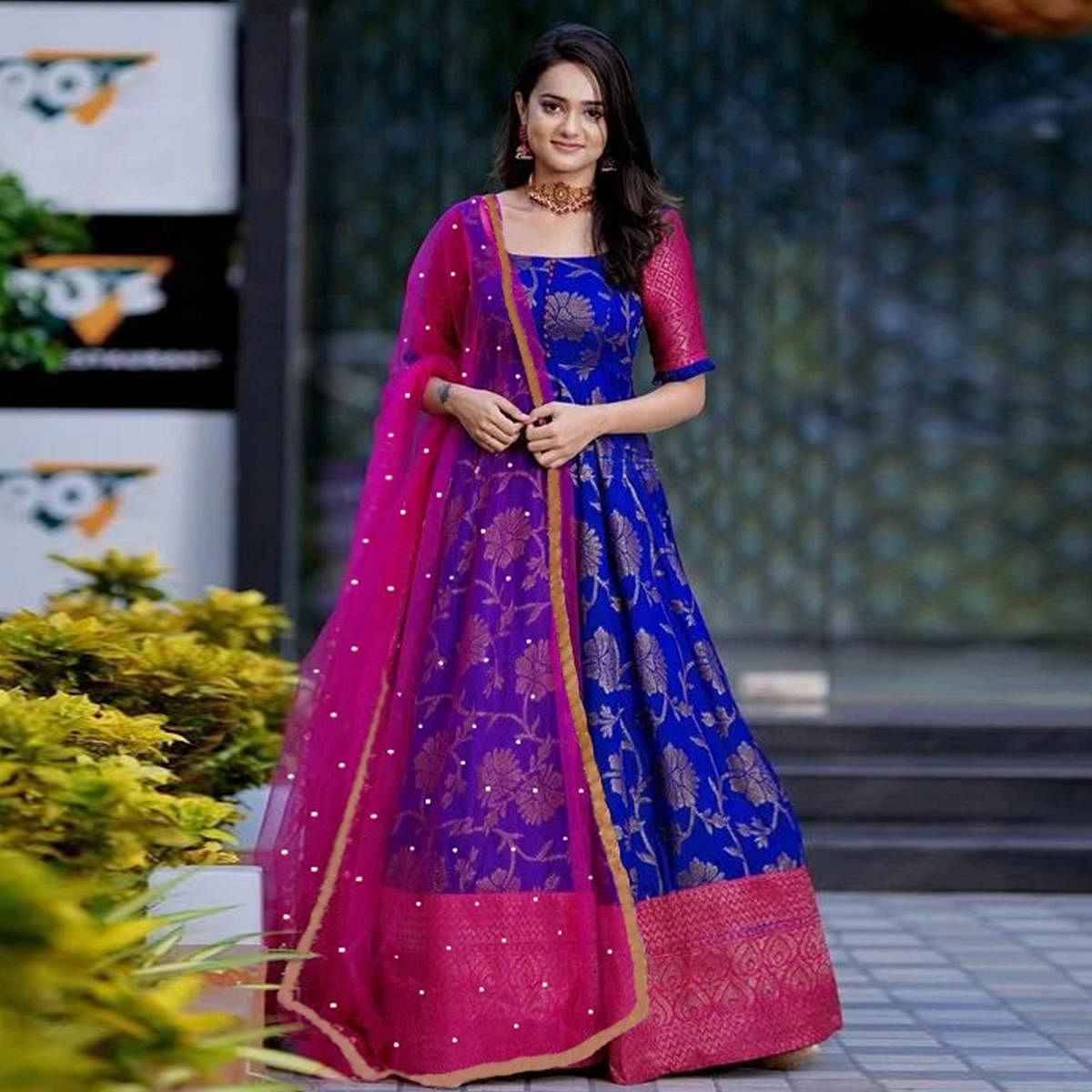 Adorable Designer Wear Royal Blue Partywear Jacquard Anarkali Gown With Net Dupatta-House of Saba
