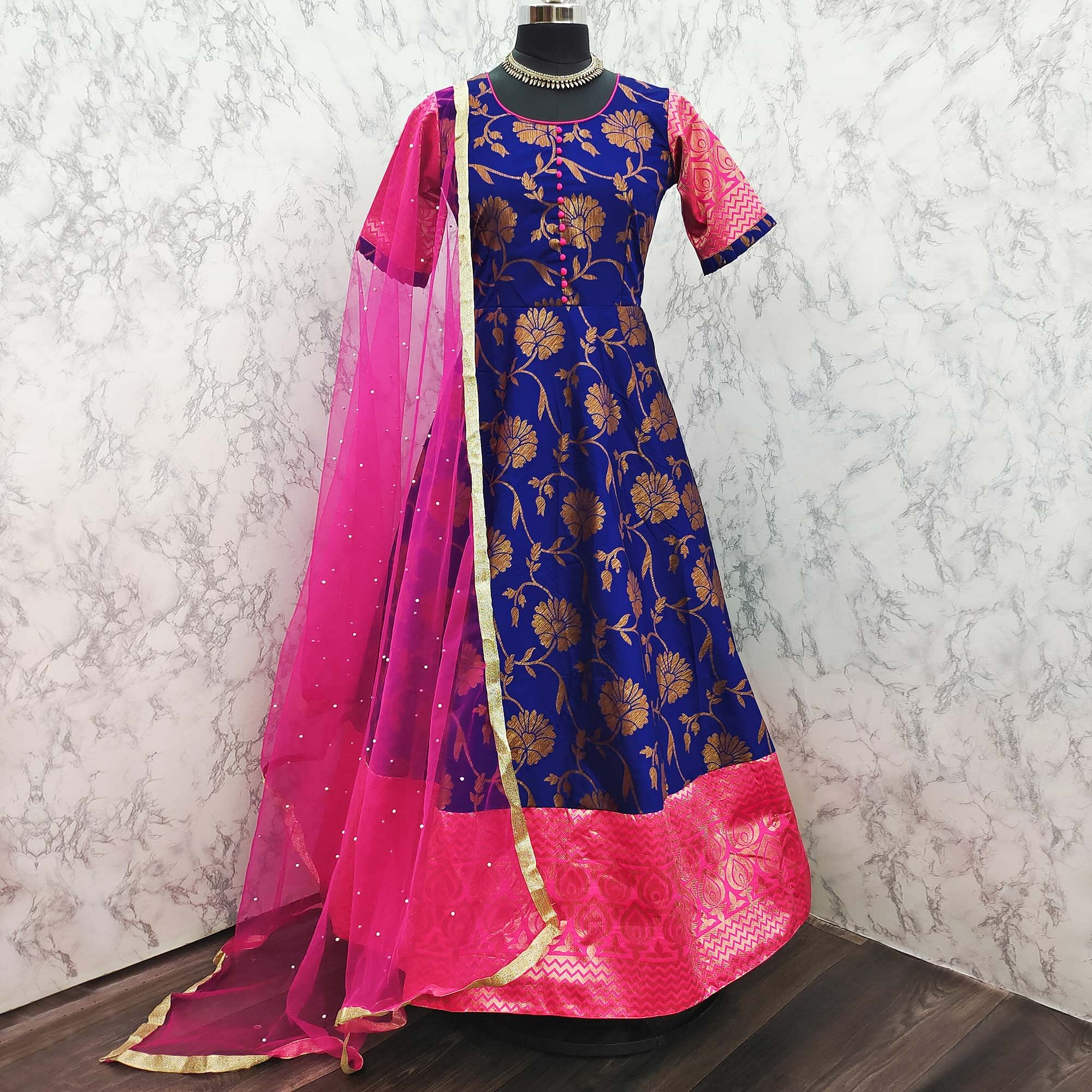 Adorable Designer Wear Royal Blue Partywear Jacquard Anarkali Gown With Net Dupatta-House of Saba