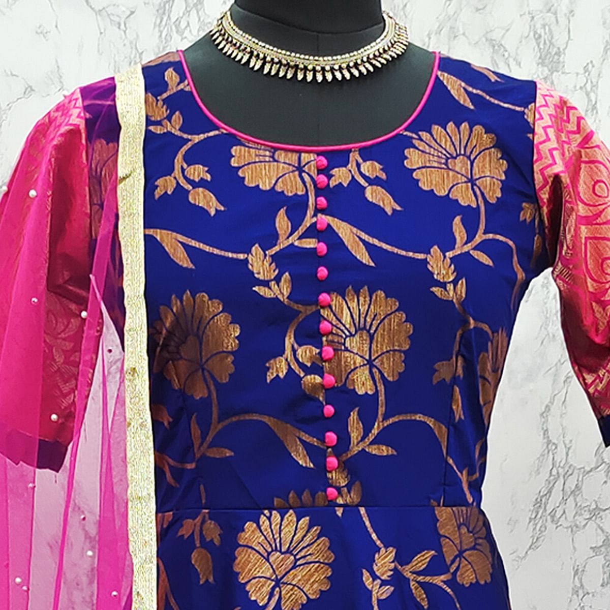 Adorable Designer Wear Royal Blue Partywear Jacquard Anarkali Gown With Net Dupatta-House of Saba