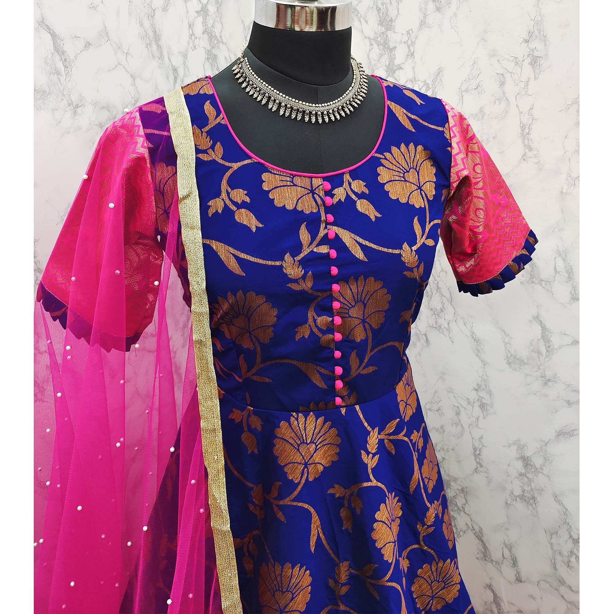 Adorable Designer Wear Royal Blue Partywear Jacquard Anarkali Gown With Net Dupatta-House of Saba