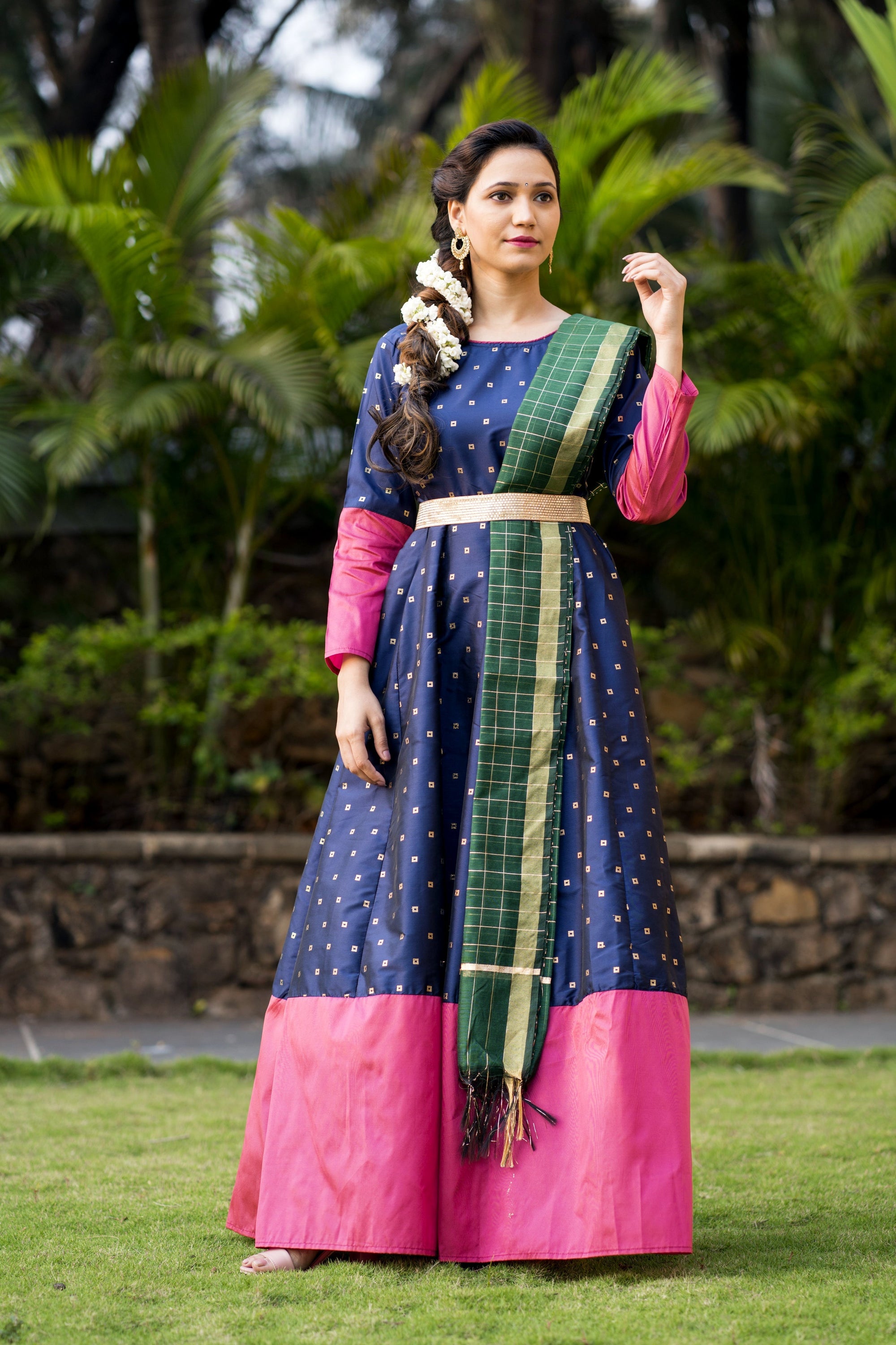 Adorable Designer Wear Blue Satin Silk Anarkali Gown With Silk Chanderi Dupatta- House of Saba