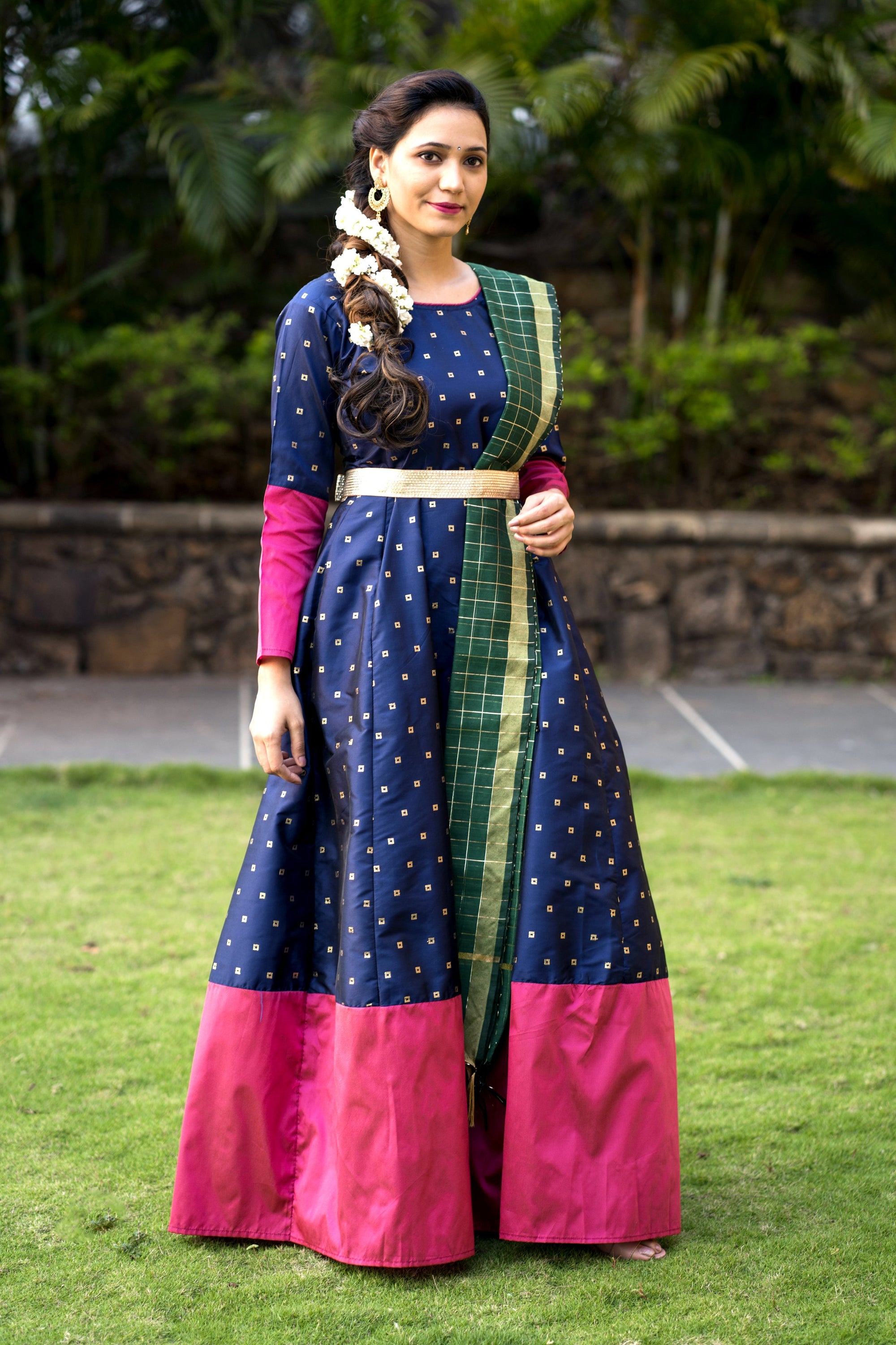 Adorable Designer Wear Blue Satin Silk Anarkali Gown With Silk Chanderi Dupatta- House of Saba