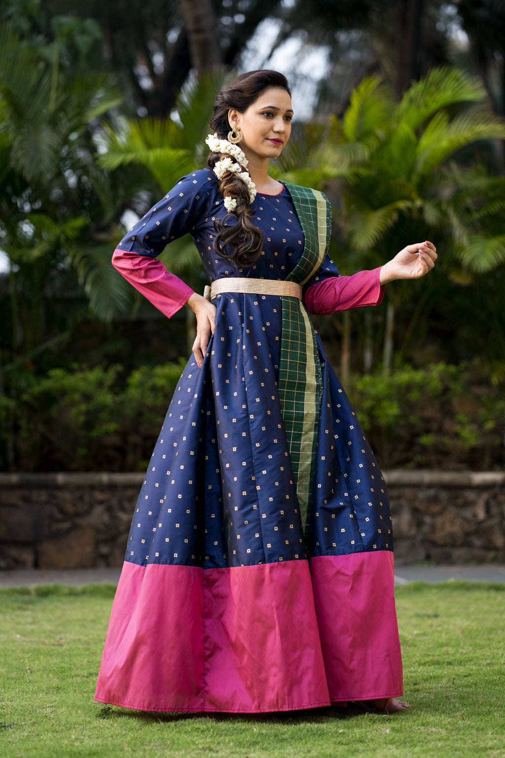 Adorable Designer Wear Blue Satin Silk Anarkali Gown With Silk Chanderi Dupatta- House of Saba