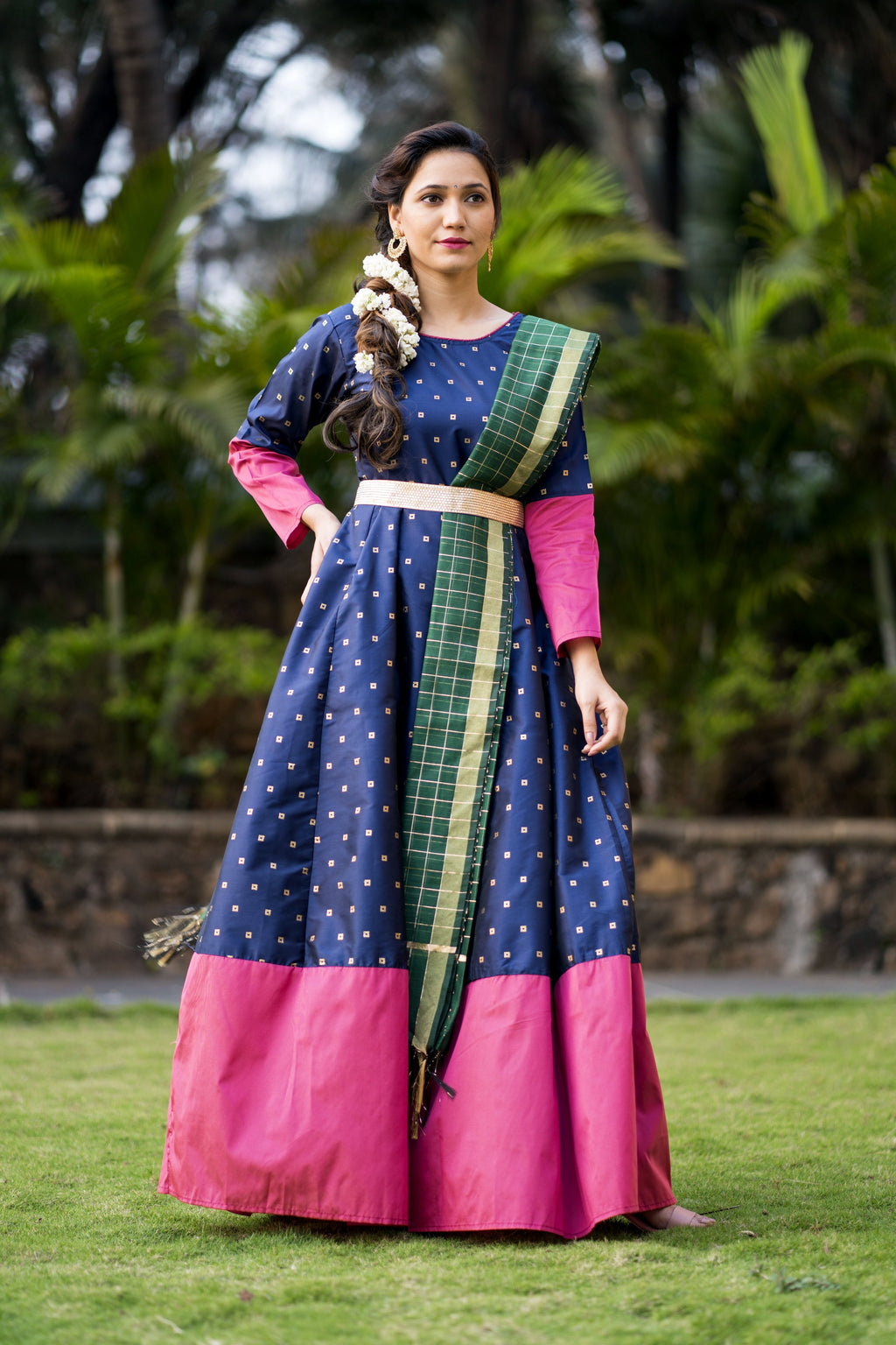 Adorable Designer Wear Blue Satin Silk Anarkali Gown With Silk Chanderi Dupatta- House of Saba