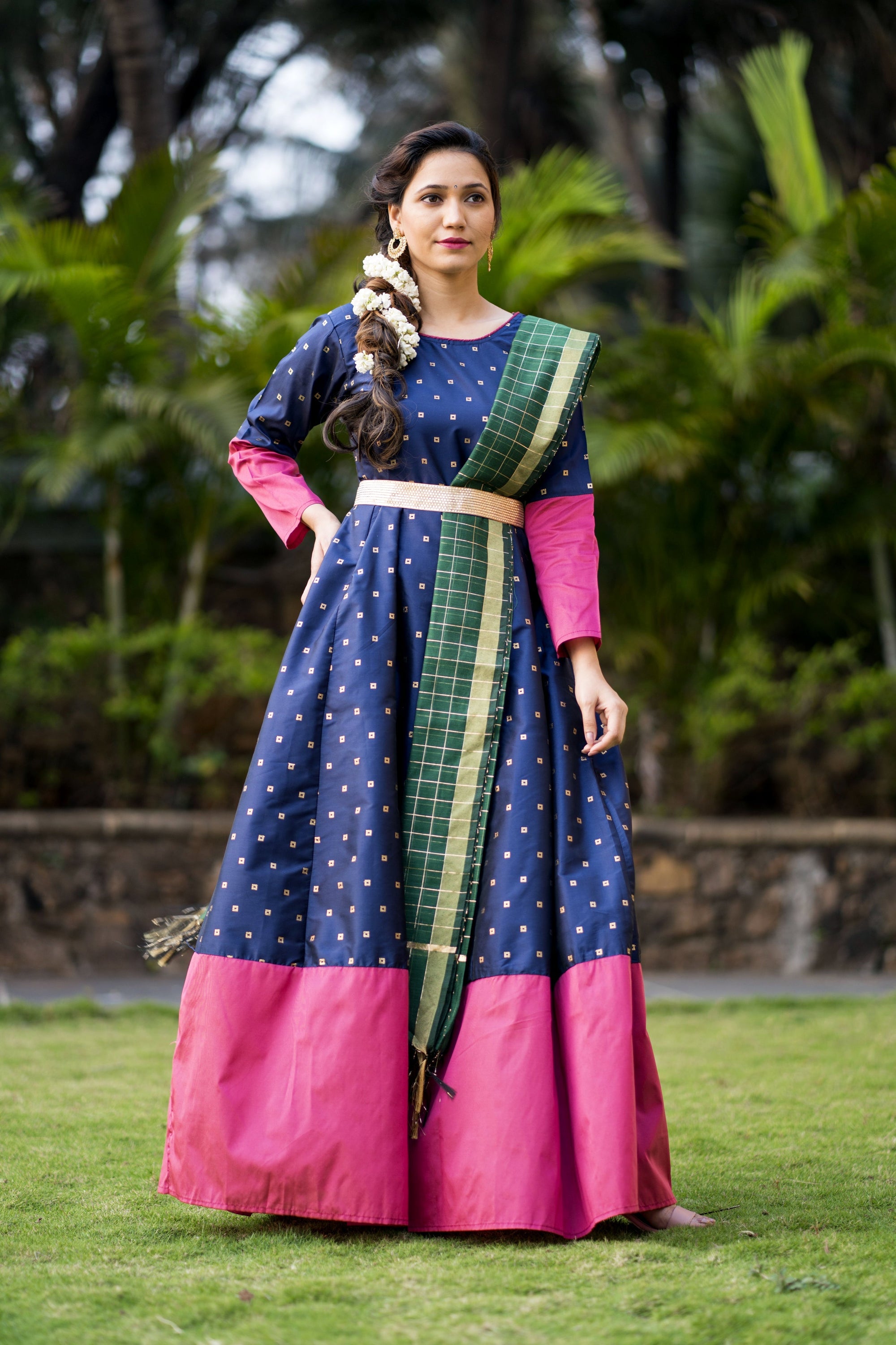 Adorable Designer Wear Blue Satin Silk Anarkali Gown With Silk Chanderi Dupatta- House of Saba