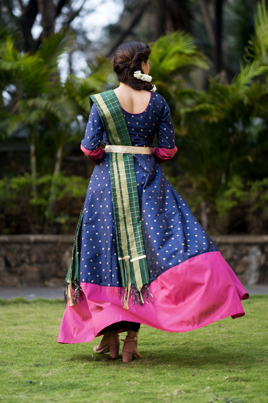 Adorable Designer Wear Blue Satin Silk Anarkali Gown With Silk Chanderi Dupatta- House of Saba