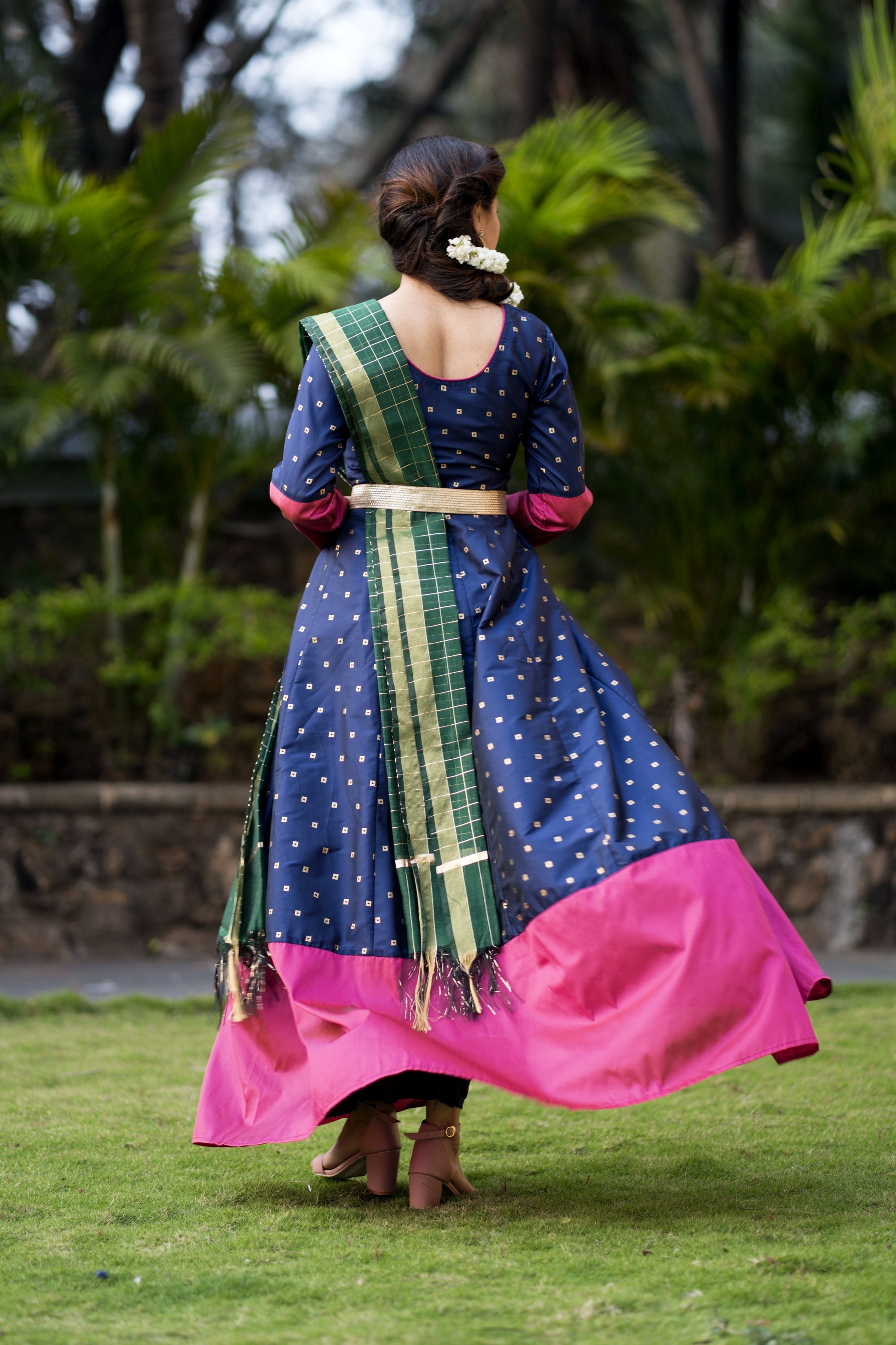 Adorable Designer Wear Blue Satin Silk Anarkali Gown With Silk Chanderi Dupatta- House of Saba