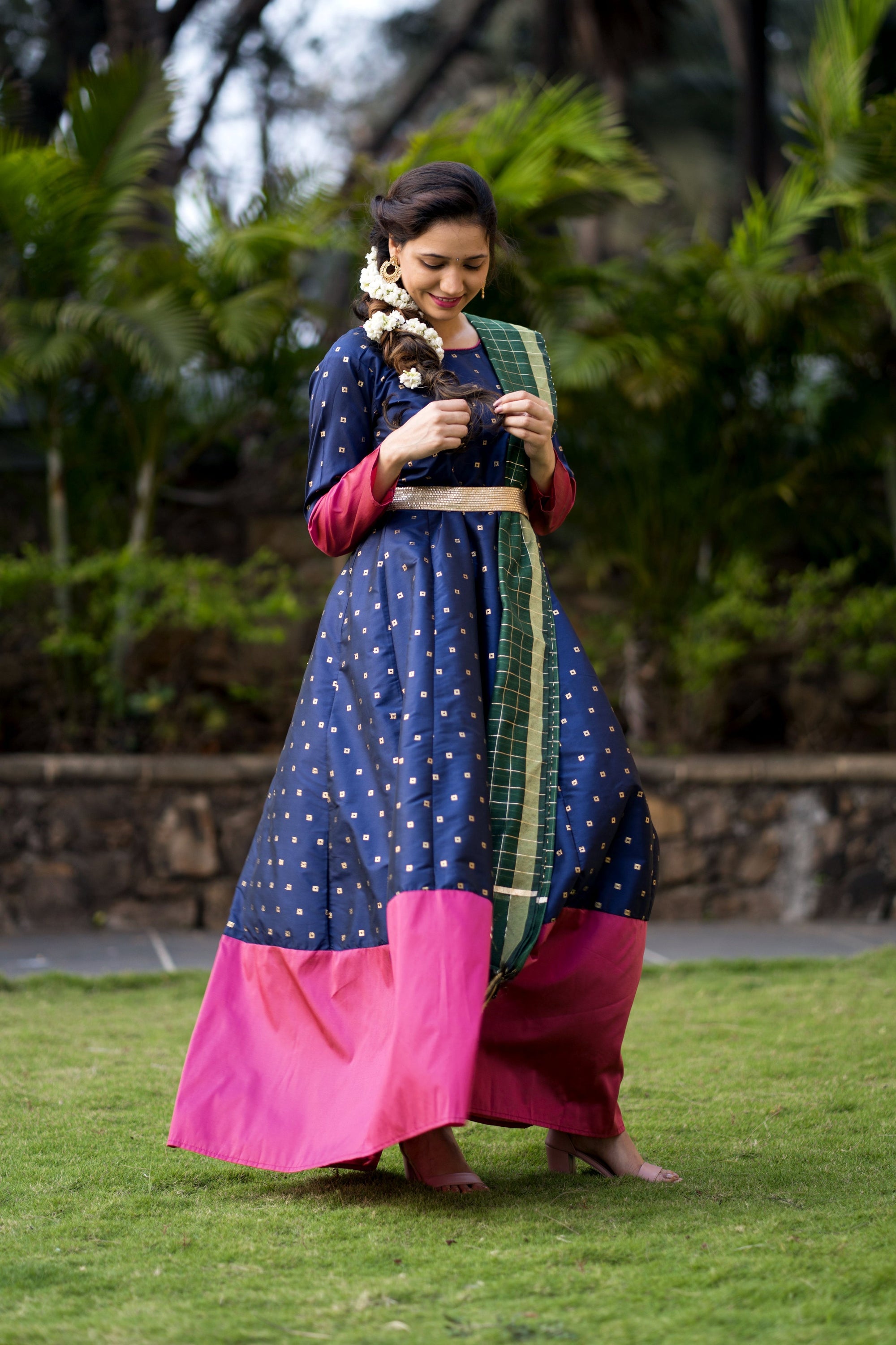 Adorable Designer Wear Blue Satin Silk Anarkali Gown With Silk Chanderi Dupatta- House of Saba
