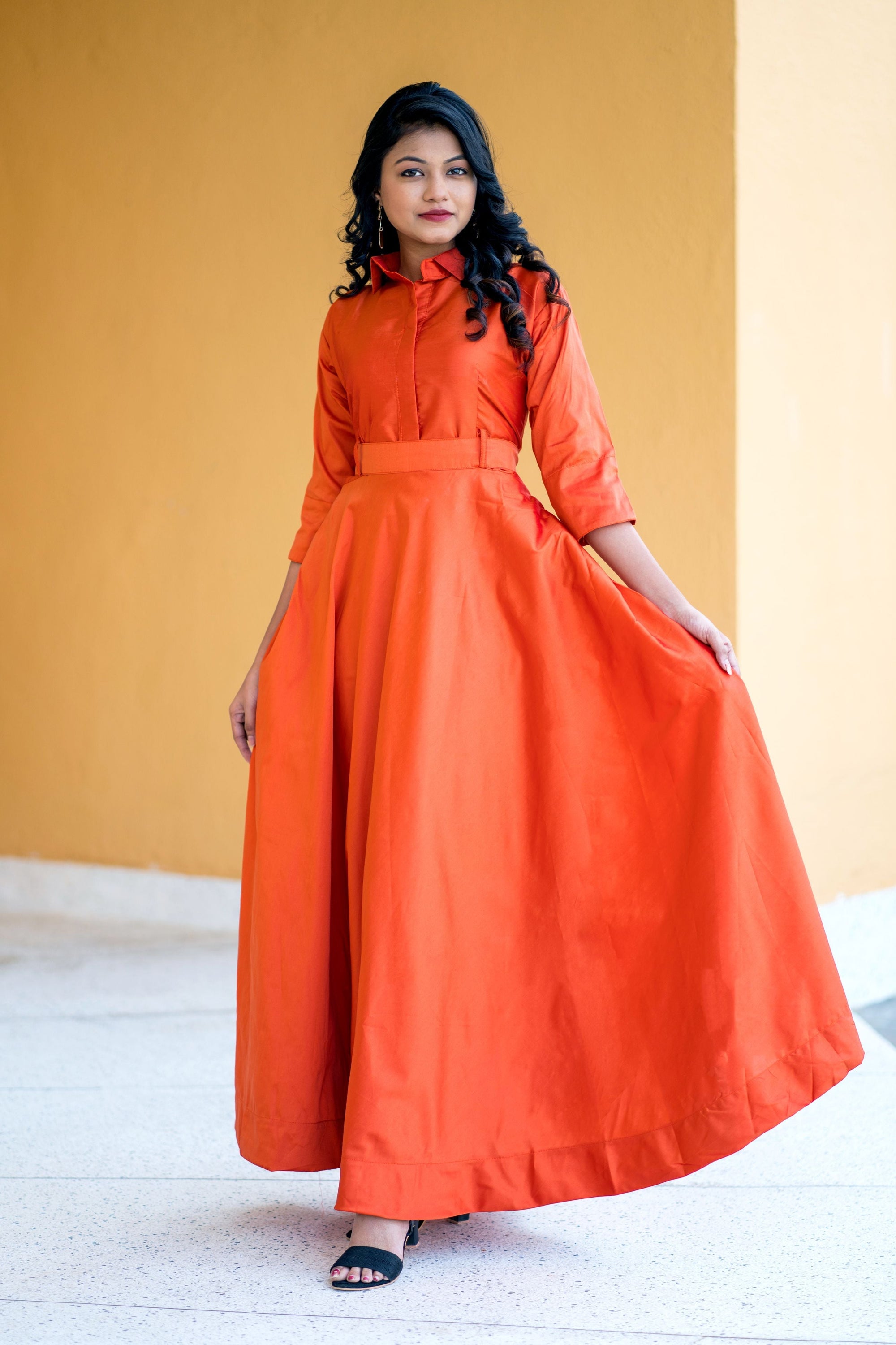 Designer Wear Copper Taffeta Silk Gown With Collar For Party and Office Wear- House of Saba