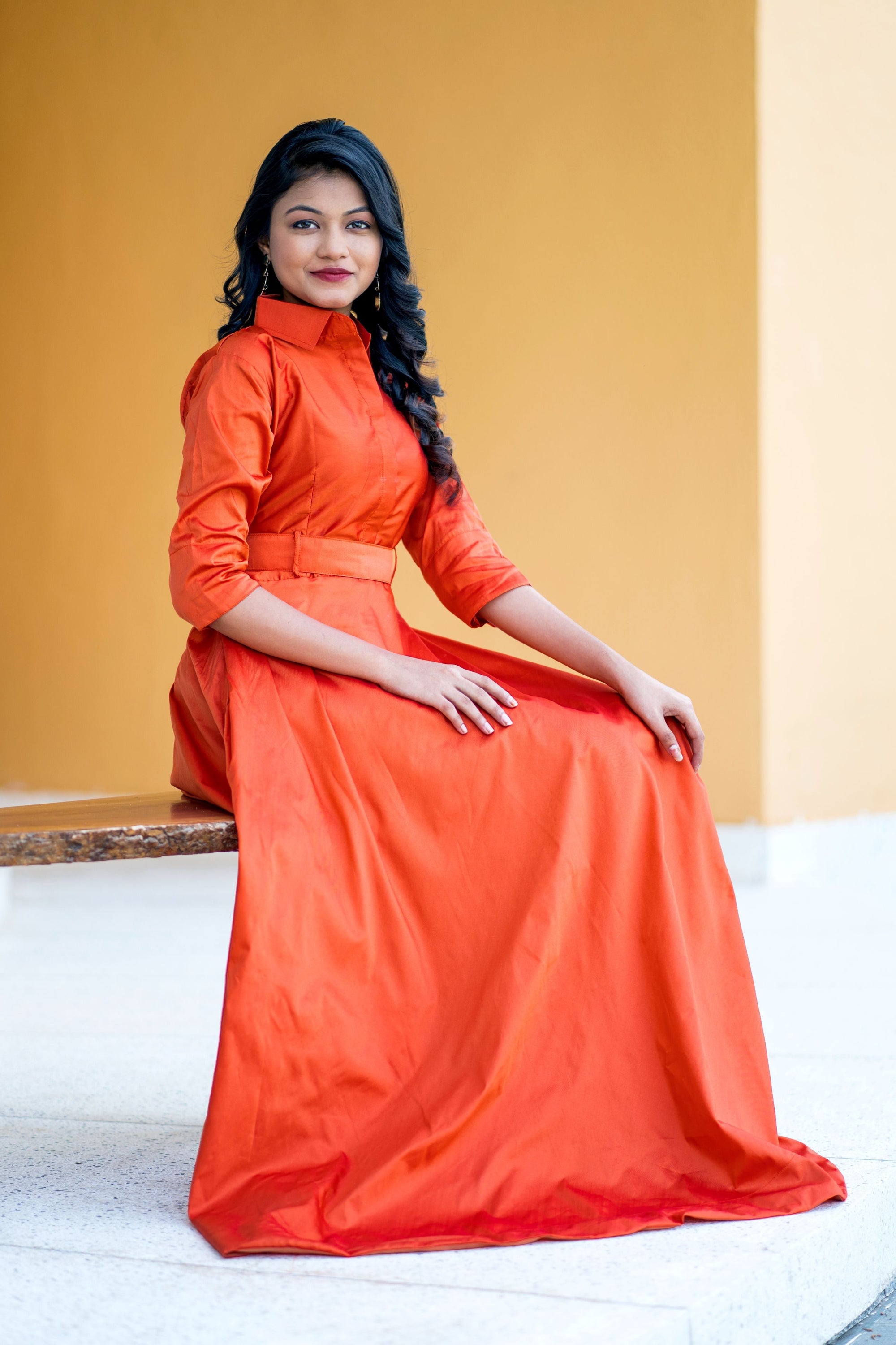 Designer Wear Copper Taffeta Silk Gown With Collar For Party and Office Wear- House of Saba