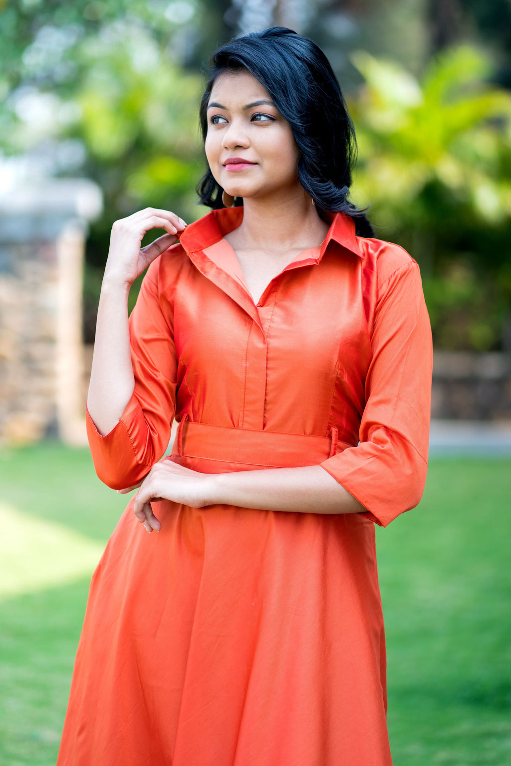 Designer Wear Copper Taffeta Silk Gown With Collar For Party and Office Wear- House of Saba