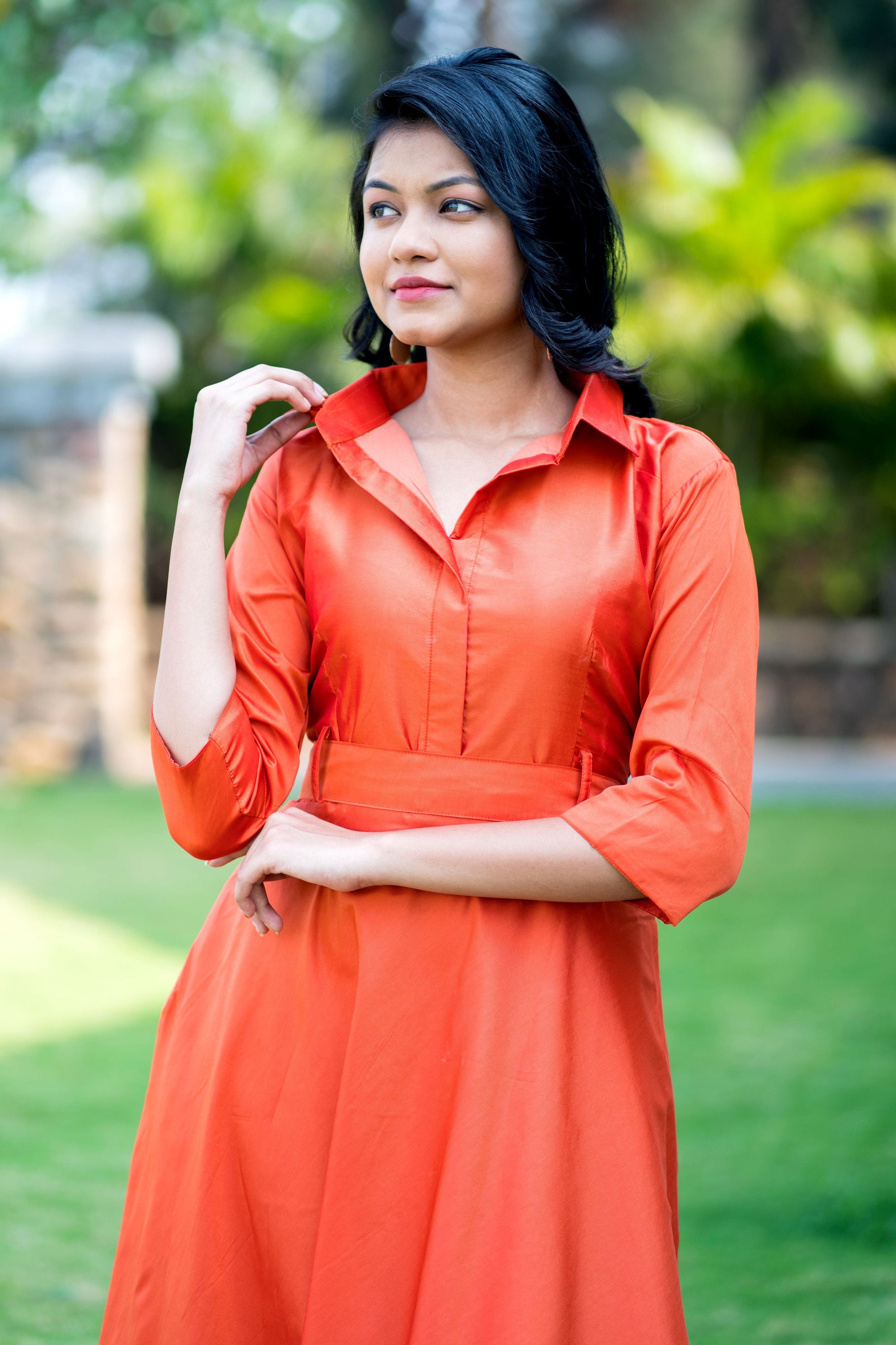 Designer Wear Copper Taffeta Silk Gown With Collar For Party and Office Wear- House of Saba
