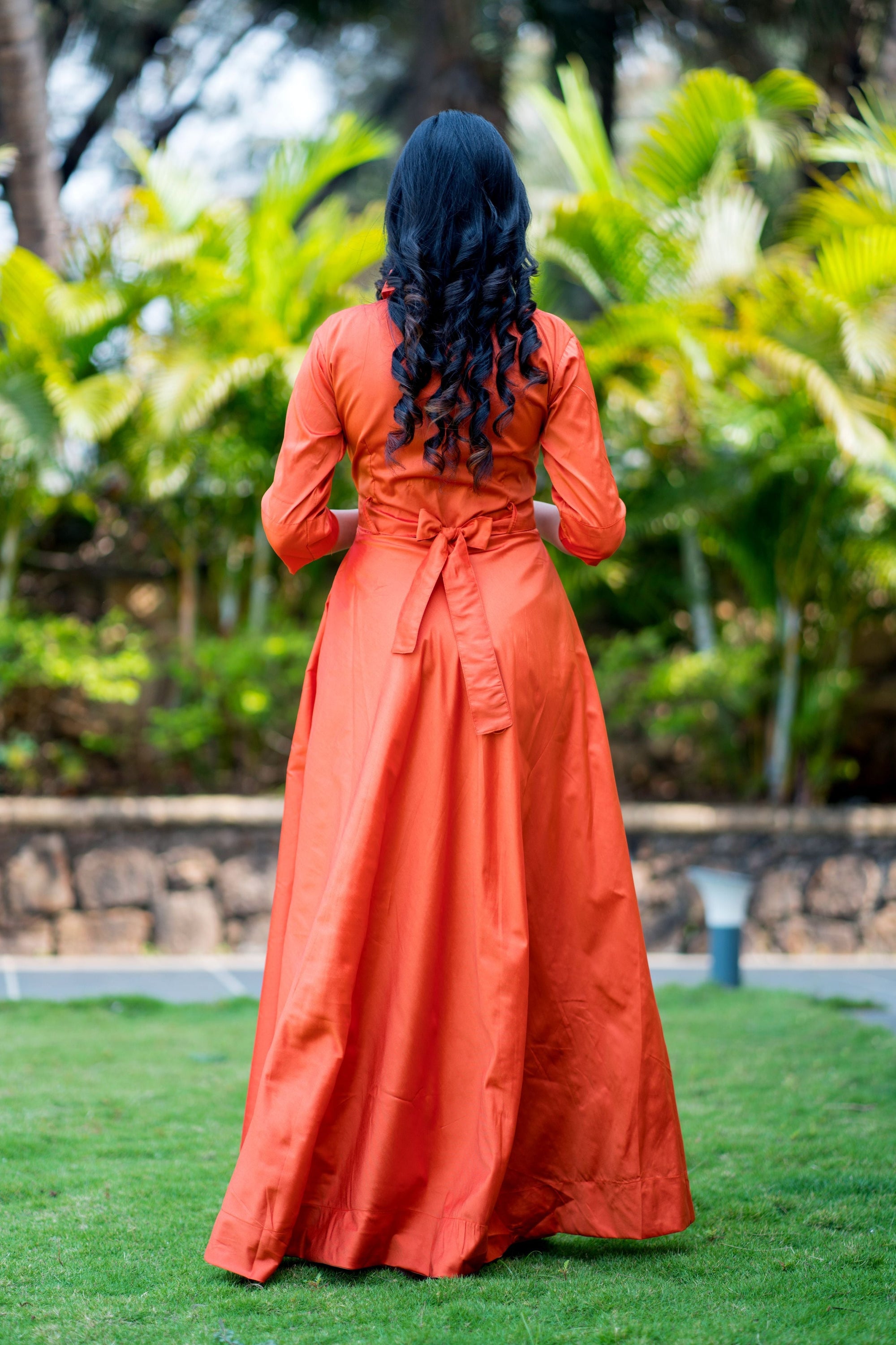 Designer Wear Copper Taffeta Silk Gown With Collar For Party and Office Wear- House of Saba