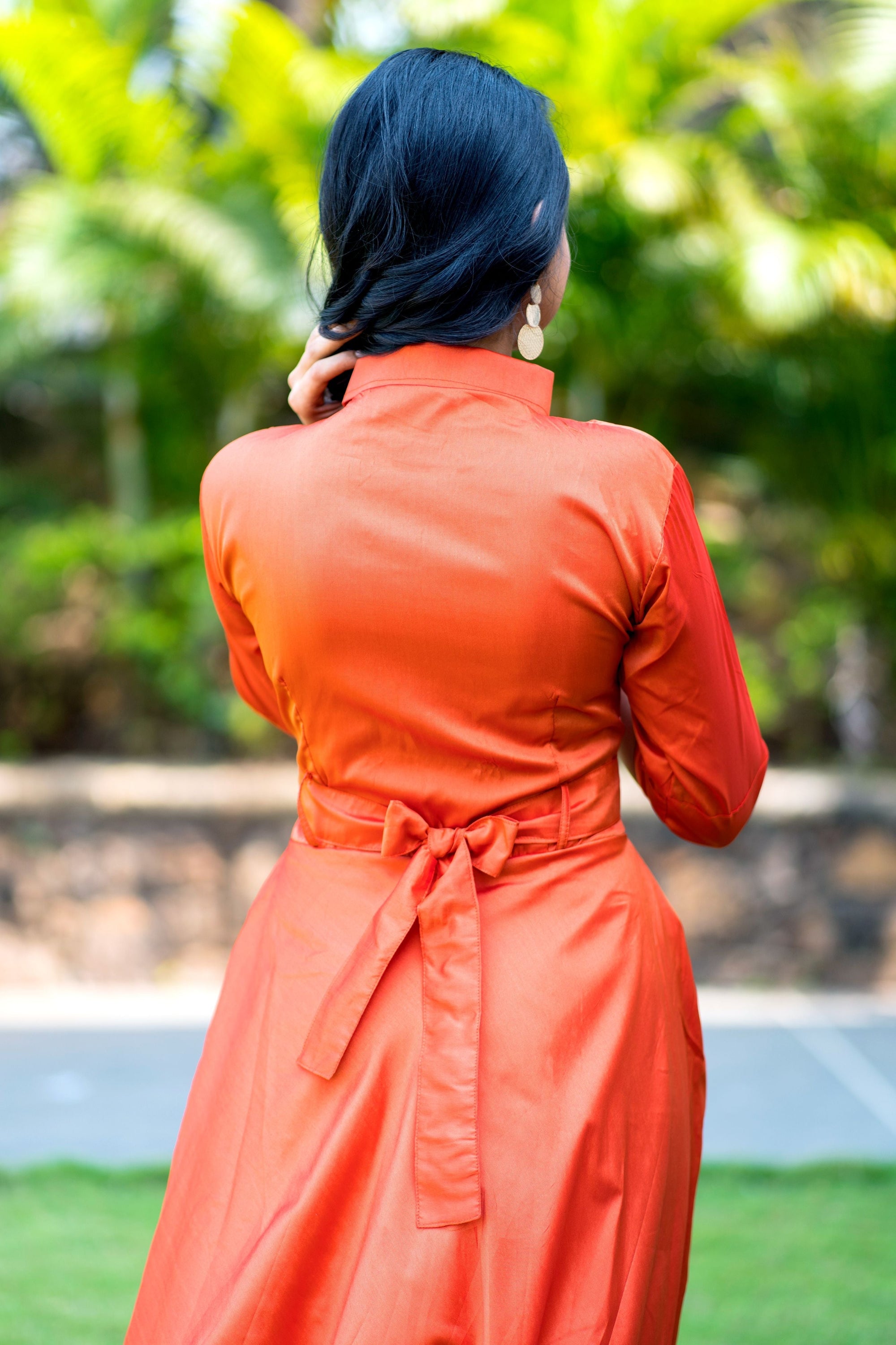 Designer Wear Copper Taffeta Silk Gown With Collar For Party and Office Wear- House of Saba