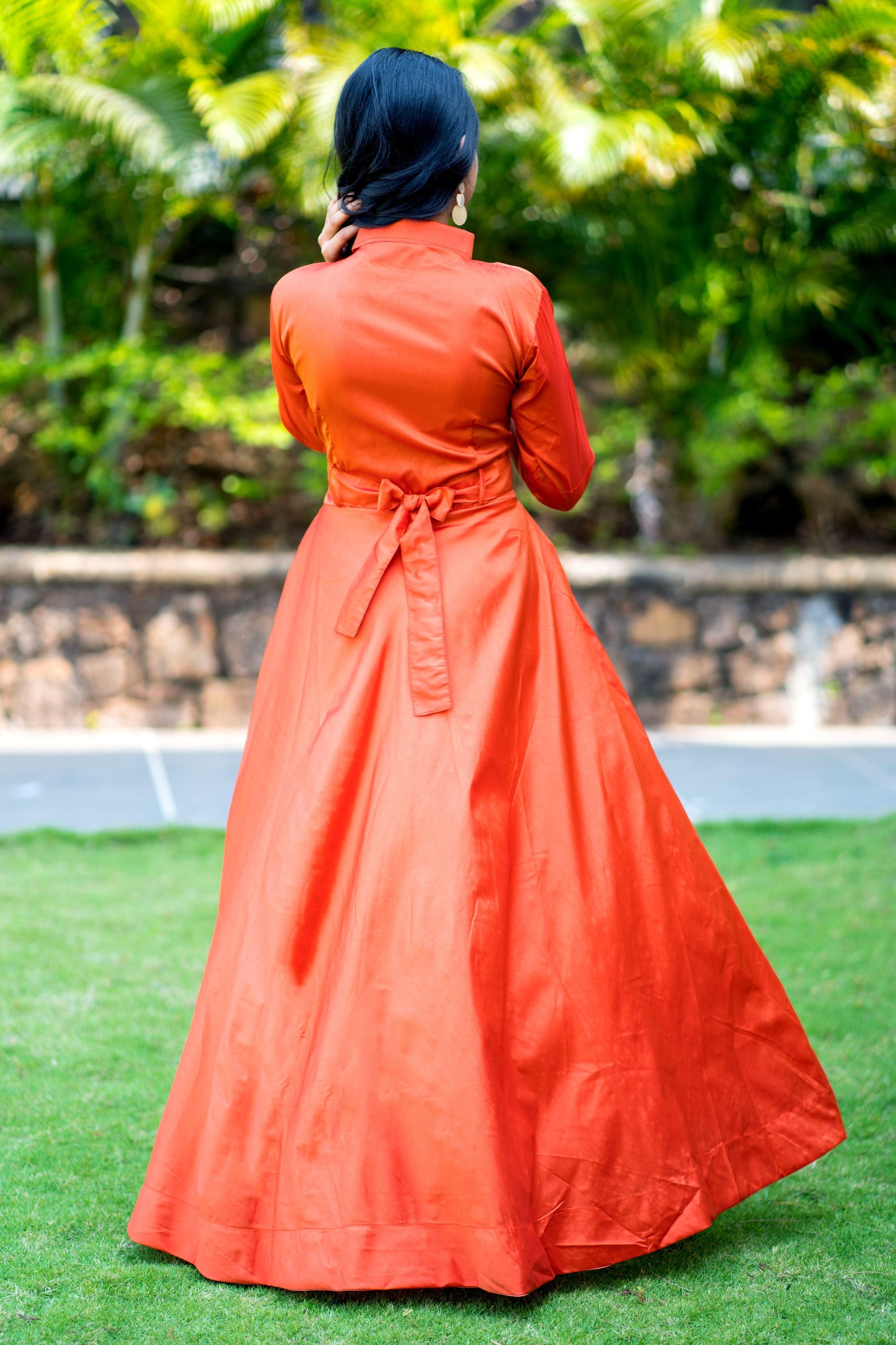 Designer Wear Copper Taffeta Silk Gown With Collar For Party and Office Wear- House of Saba