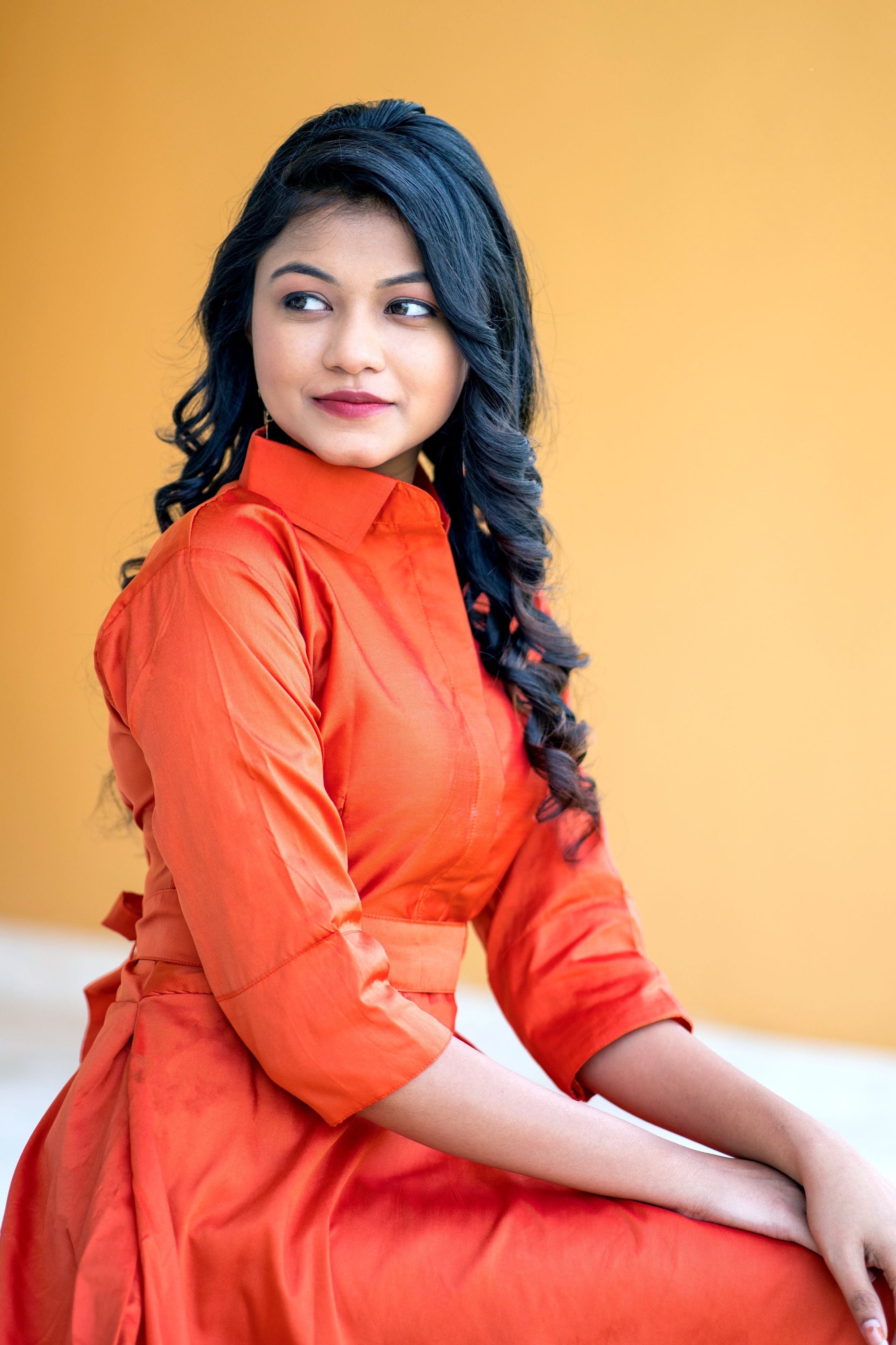Designer Wear Copper Taffeta Silk Gown With Collar For Party and Office Wear- House of Saba
