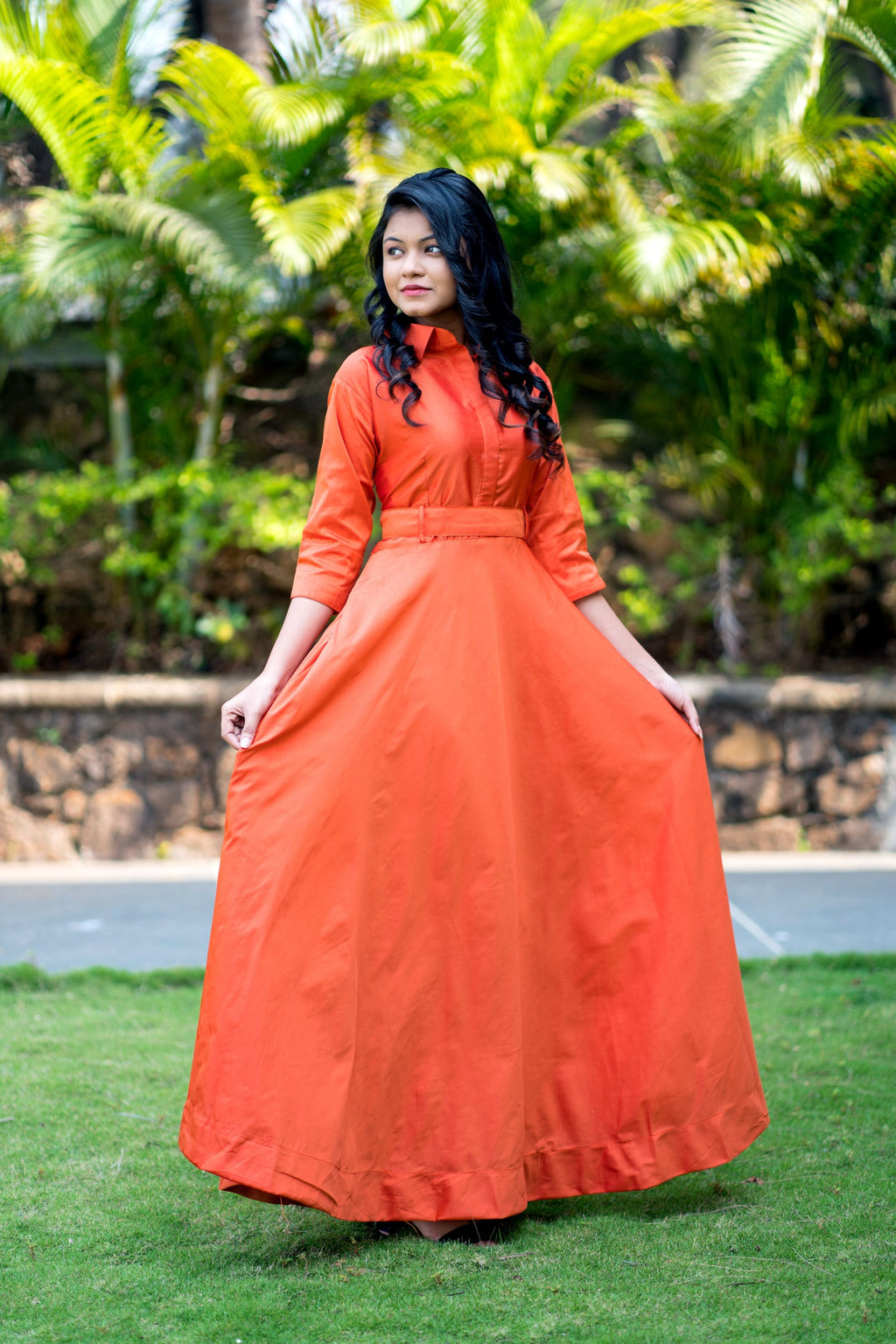 Designer Wear Copper Taffeta Silk Gown With Collar For Party and Office Wear- House of Saba