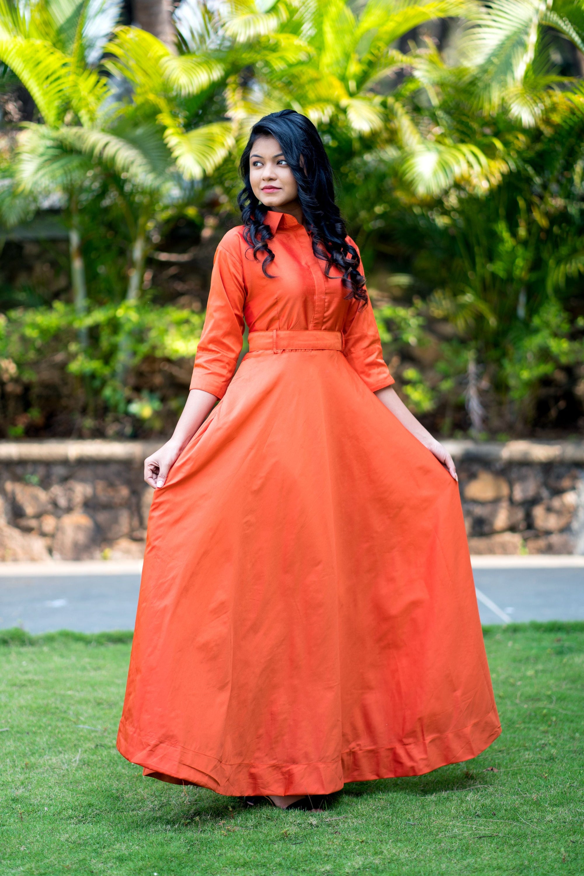 Designer Wear Copper Taffeta Silk Gown With Collar For Party and Office Wear- House of Saba