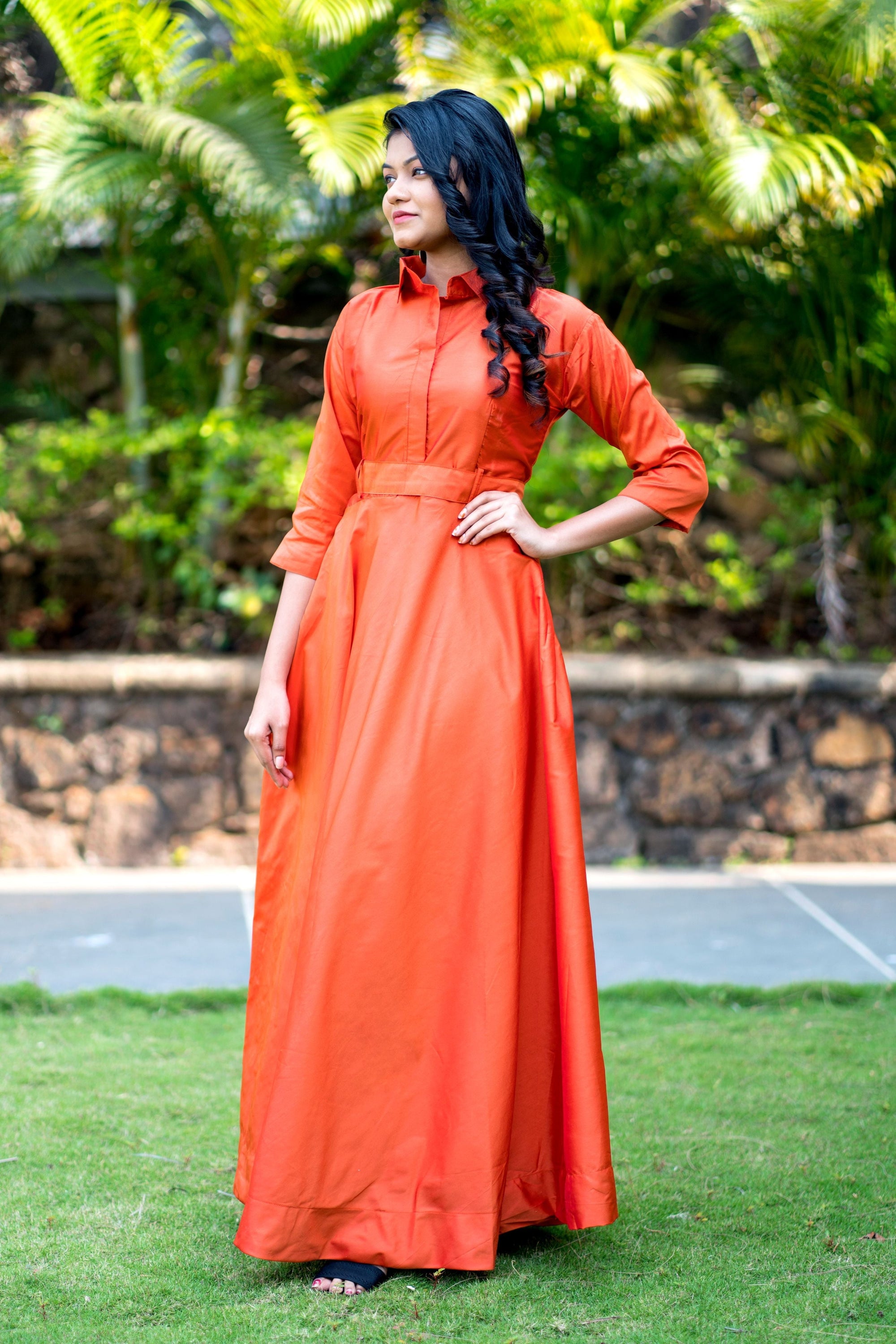 Designer Wear Copper Taffeta Silk Gown With Collar For Party and Office Wear- House of Saba