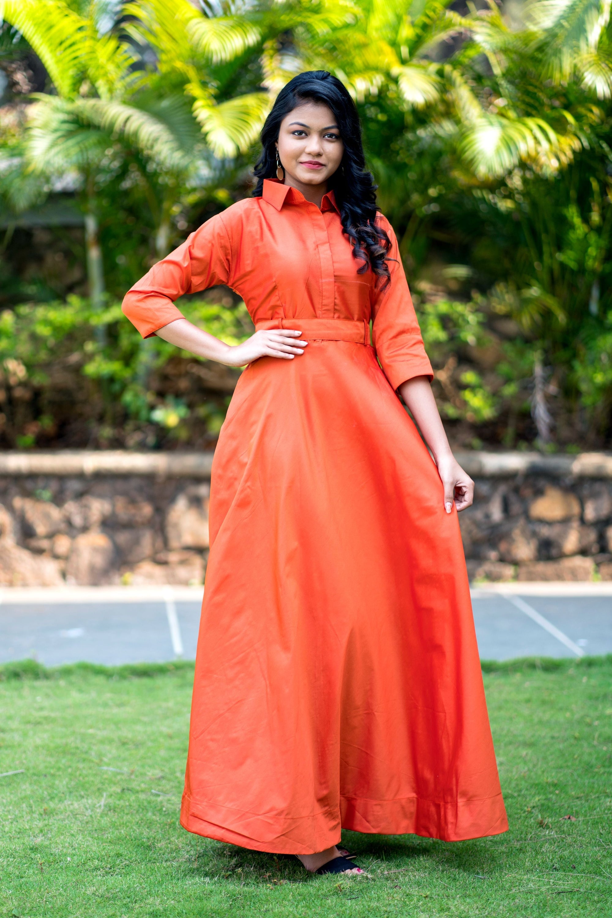 Designer Wear Copper Taffeta Silk Gown With Collar For Party and Office Wear- House of Saba