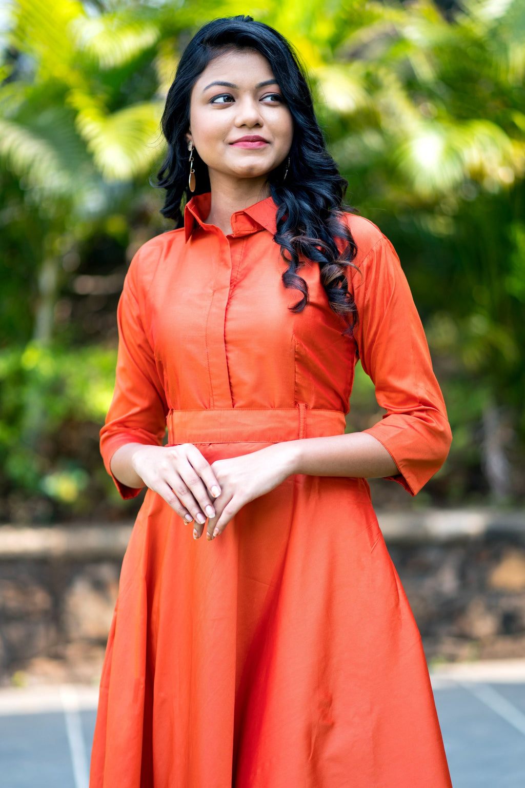 Designer Wear Copper Taffeta Silk Gown With Collar For Party and Office Wear- House of Saba