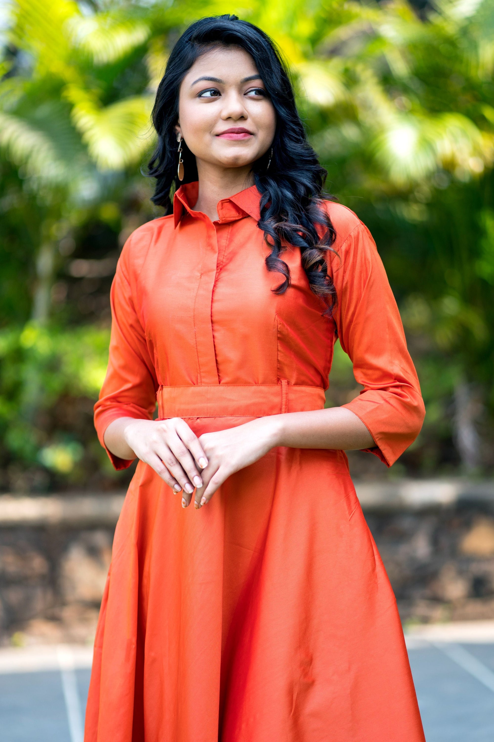 Designer Wear Copper Taffeta Silk Gown With Collar For Party and Office Wear- House of Saba