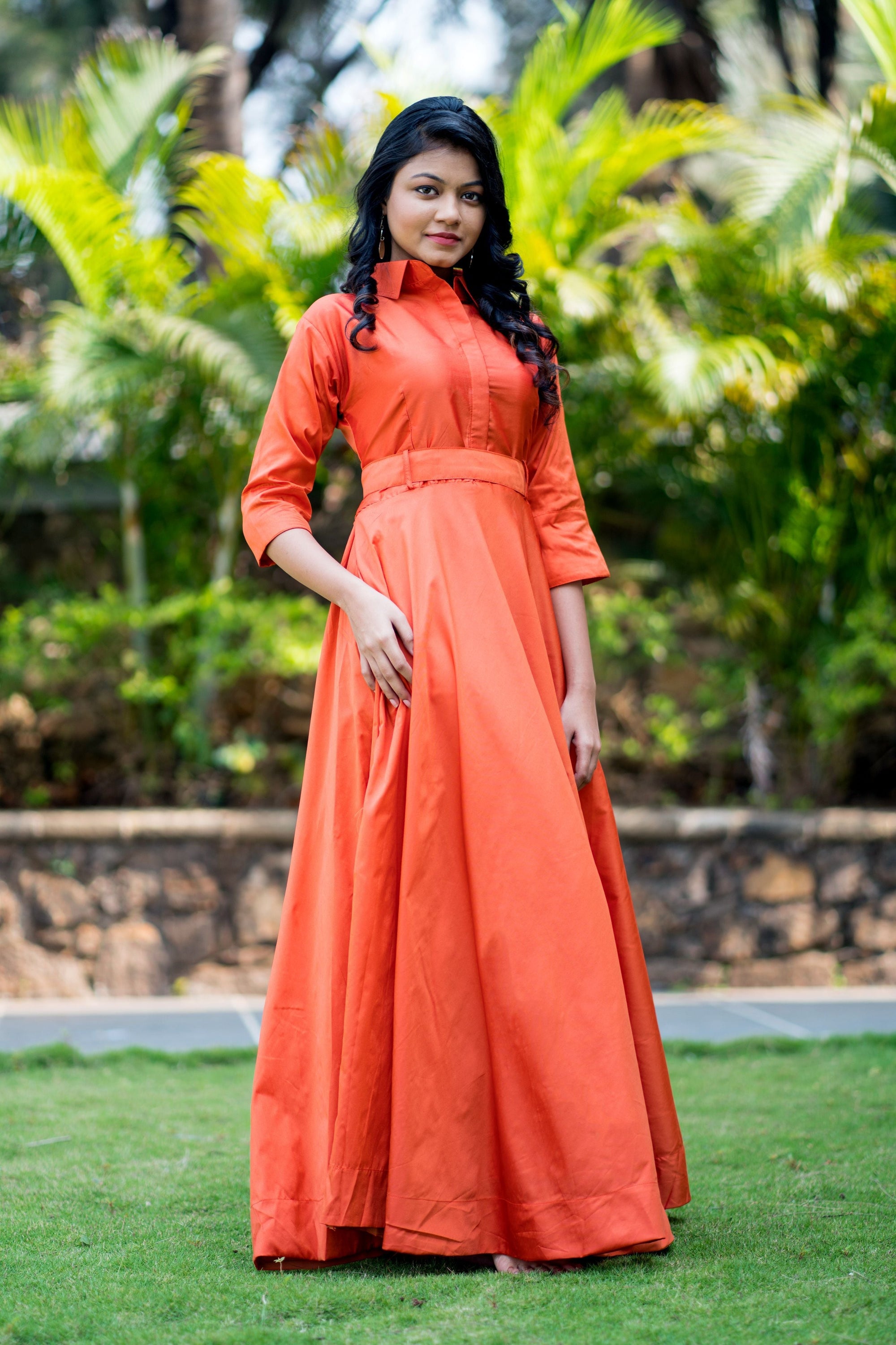 Designer Wear Copper Taffeta Silk Gown With Collar For Party and Office Wear- House of Saba