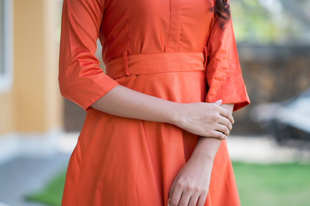 Designer Wear Copper Taffeta Silk Gown With Collar For Party and Office Wear- House of Saba