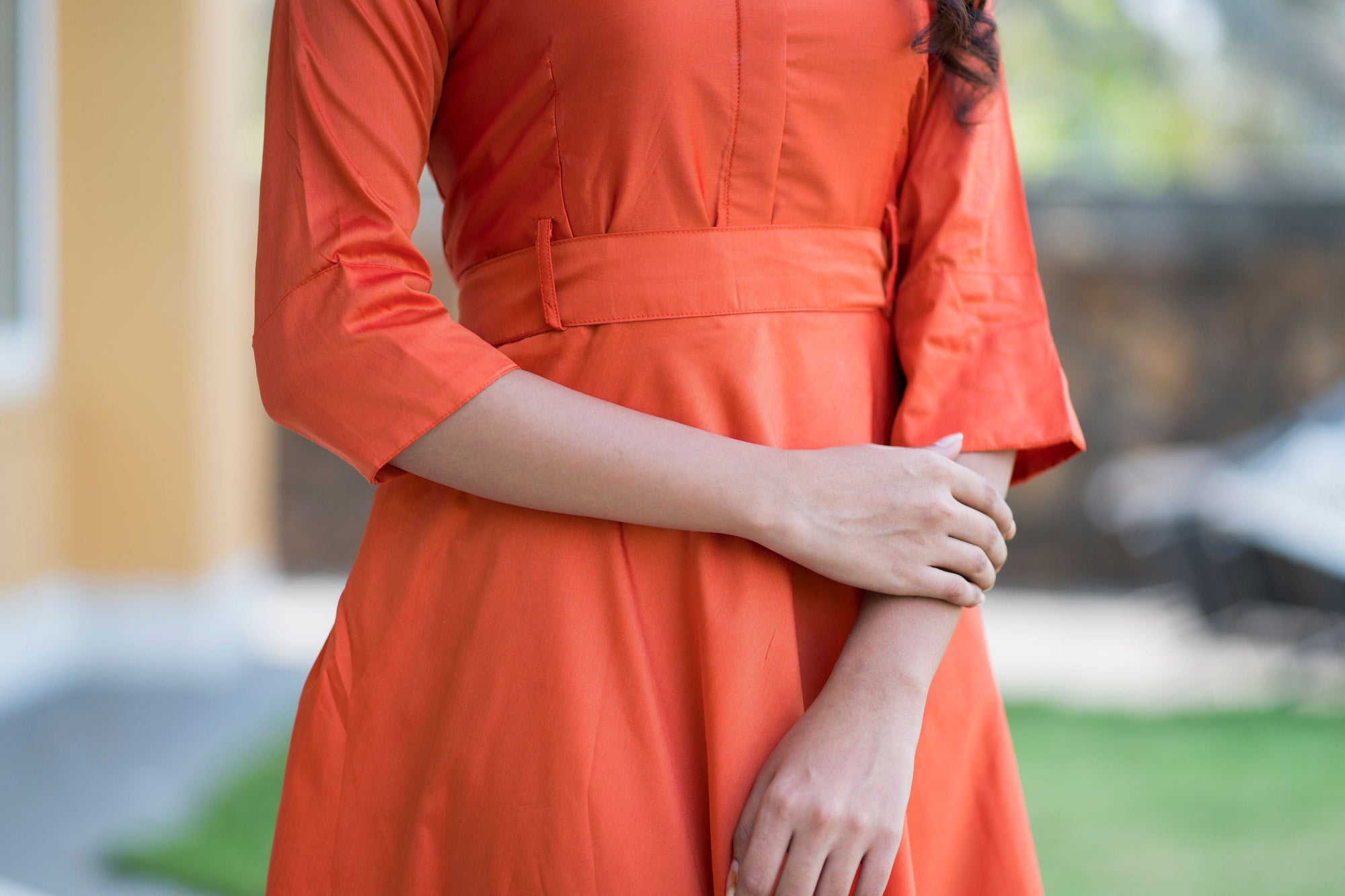 Designer Wear Copper Taffeta Silk Gown With Collar For Party and Office Wear- House of Saba