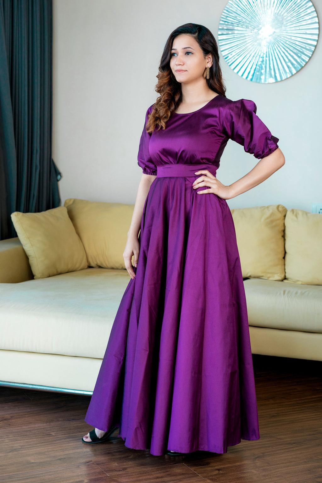 Women Purple Tapeta Silk Solid Floor Length Maxi Dress- House of Saba