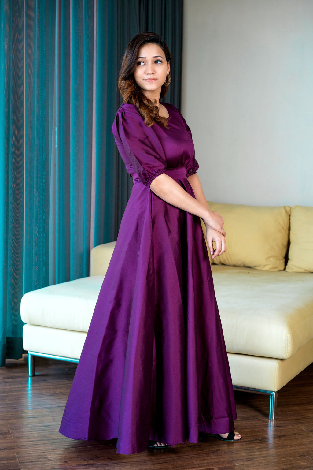 Women Purple Tapeta Silk Solid Floor Length Maxi Dress- House of Saba