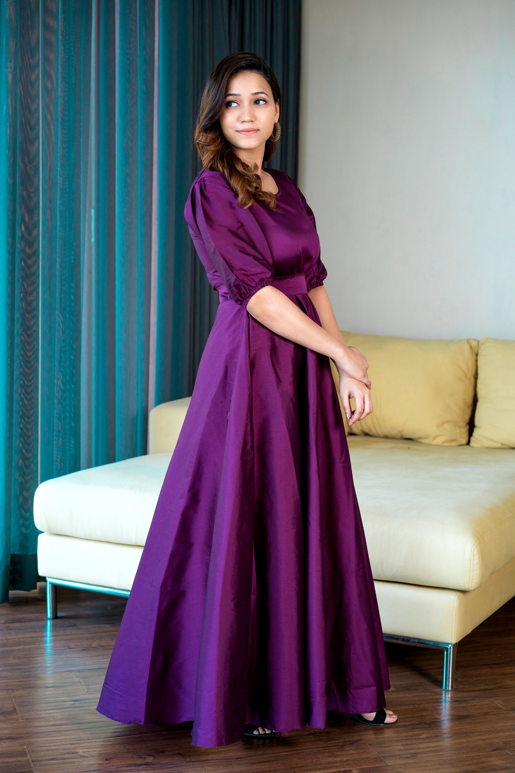 Women Purple Tapeta Silk Solid Floor Length Maxi Dress- House of Saba