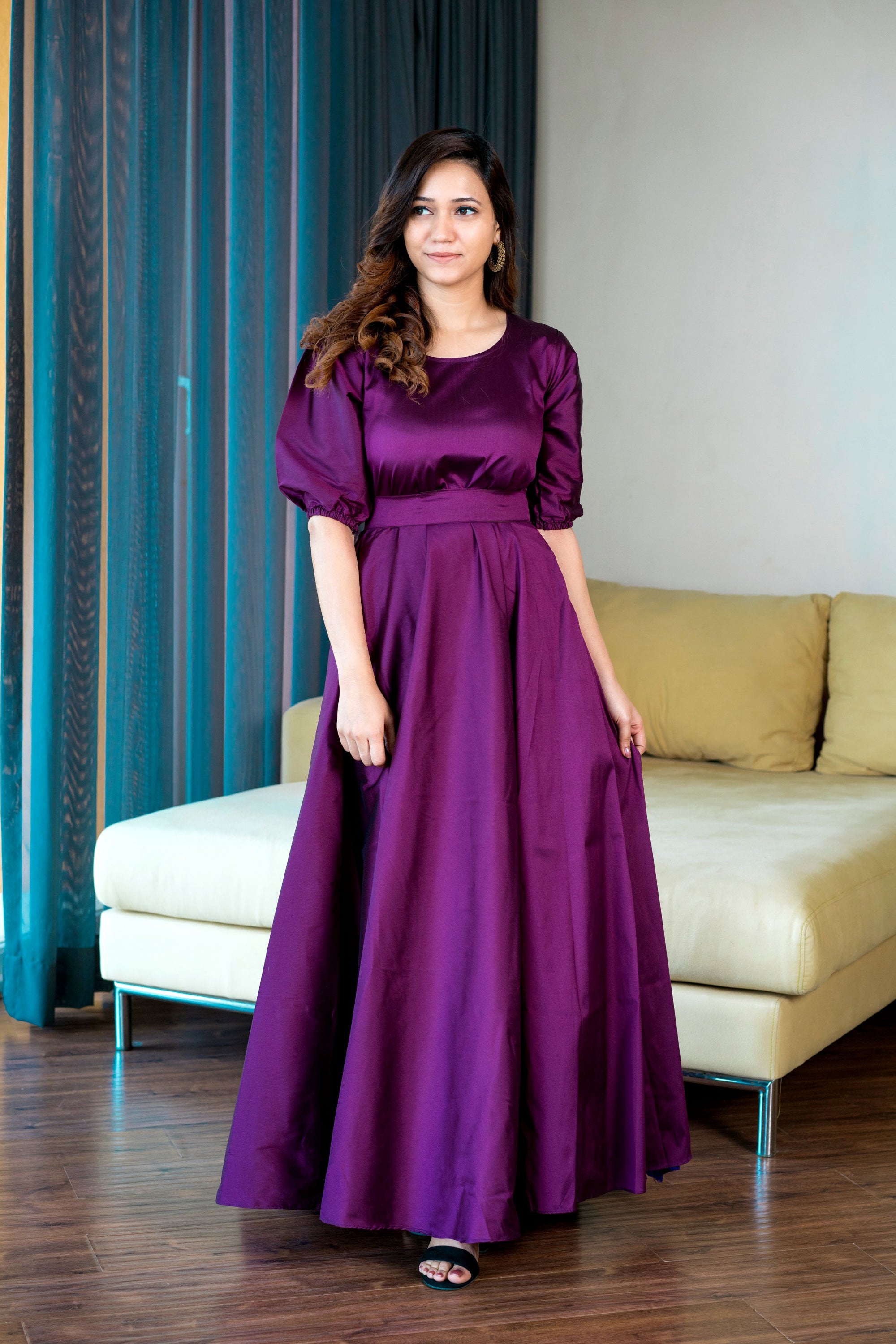 Women Purple Tapeta Silk Solid Floor Length Maxi Dress- House of Saba S