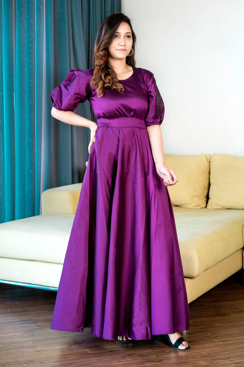 Women Purple Tapeta Silk Solid Floor Length Maxi Dress- House of Saba