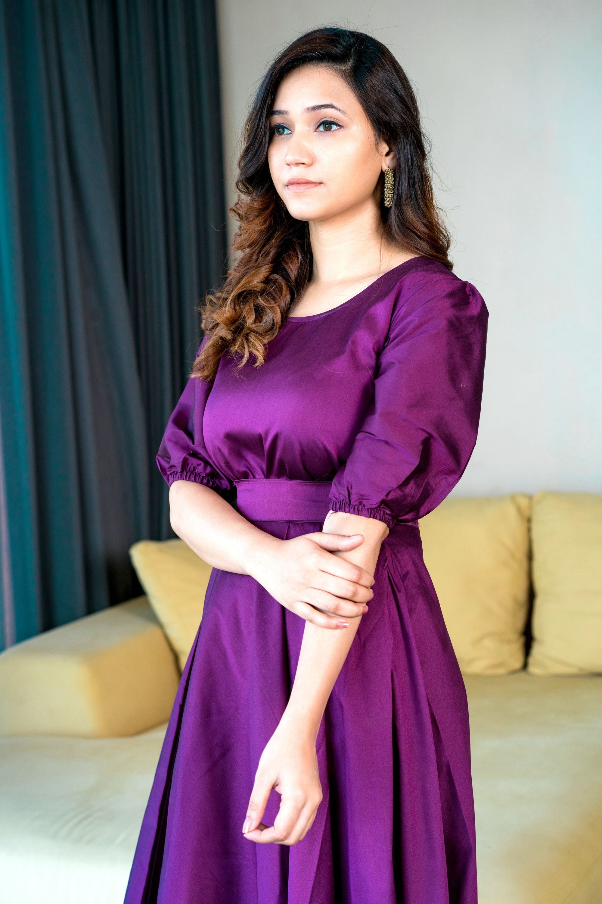 Women Purple Tapeta Silk Solid Floor Length Maxi Dress- House of Saba