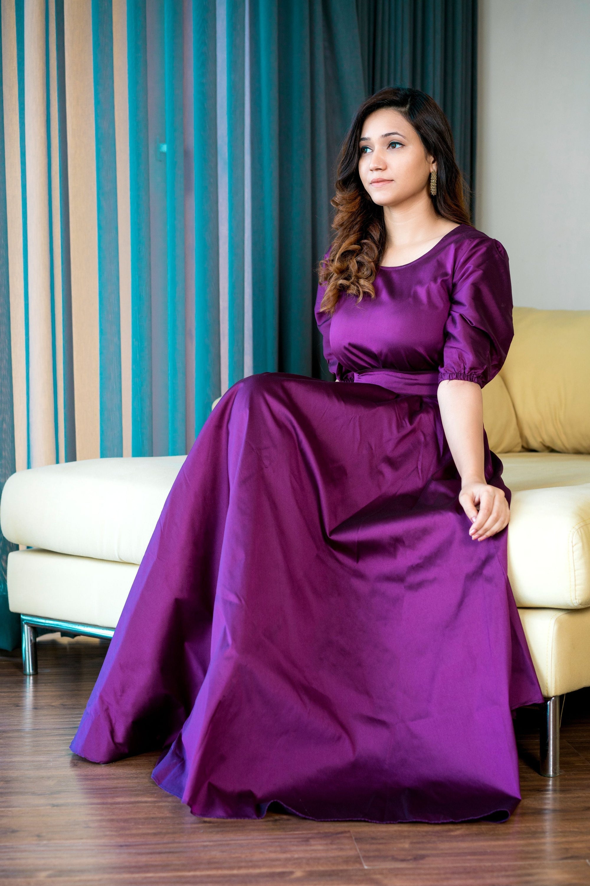 Women Purple Tapeta Silk Solid Floor Length Maxi Dress- House of Saba