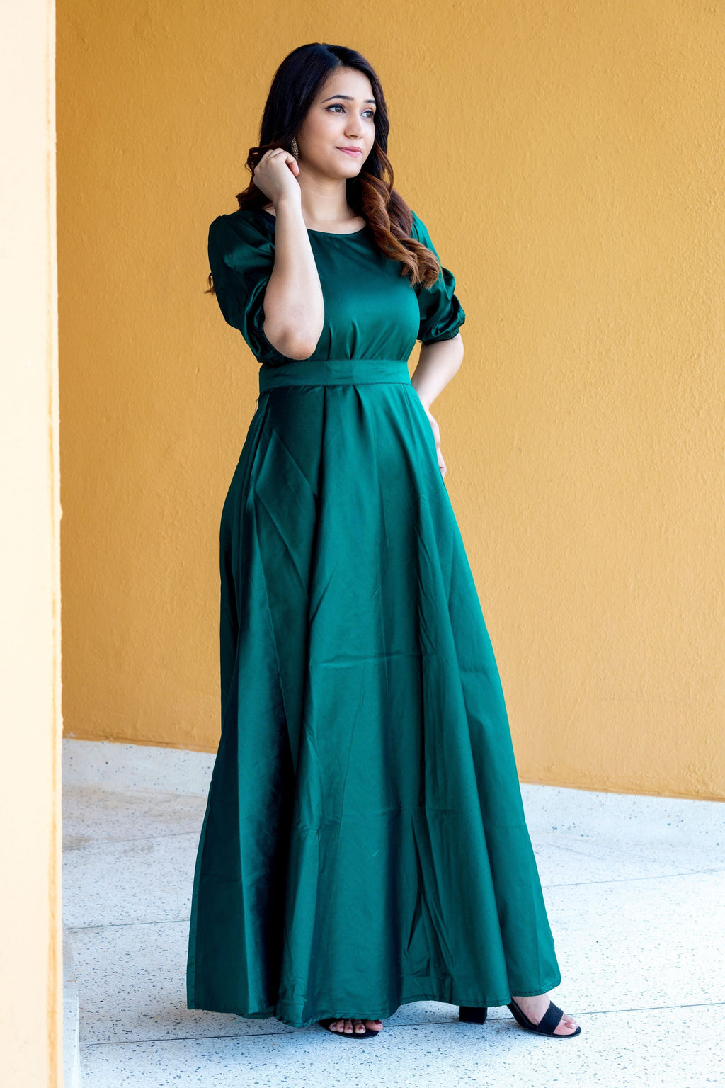 Women Green Tapeta Silk Solid Floor Length Maxi Dress- House of Saba