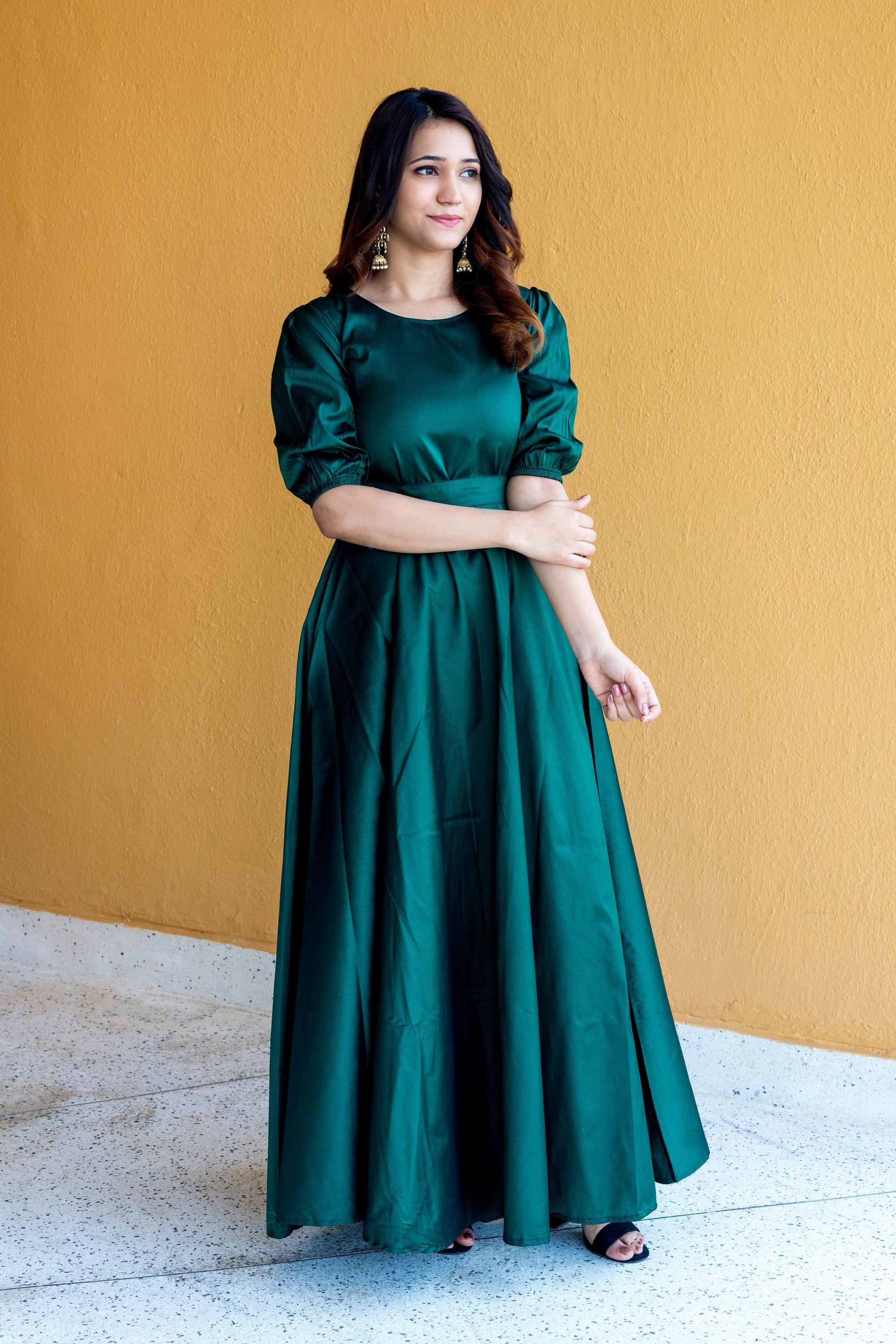 Women Green Tapeta Silk Solid Floor Length Maxi Dress- House of Saba