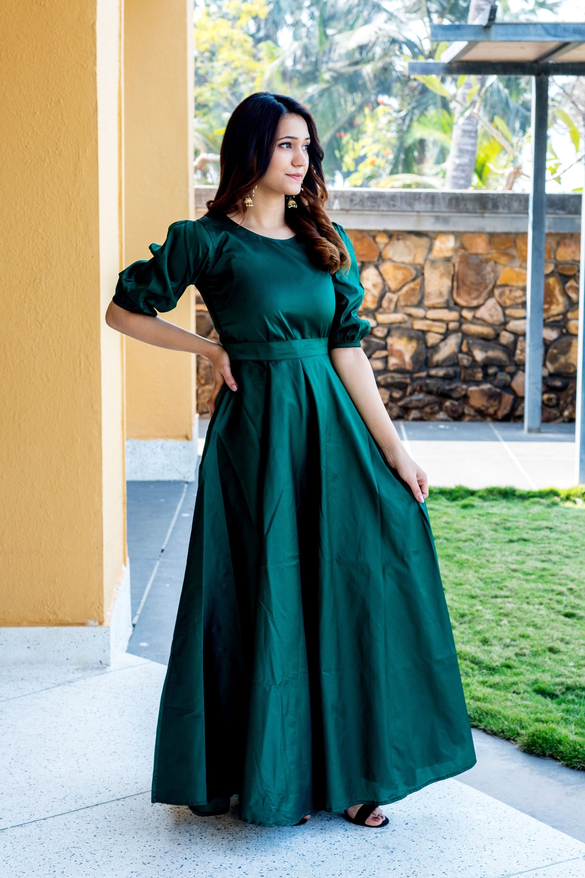 Women Green Tapeta Silk Solid Floor Length Maxi Dress- House of Saba