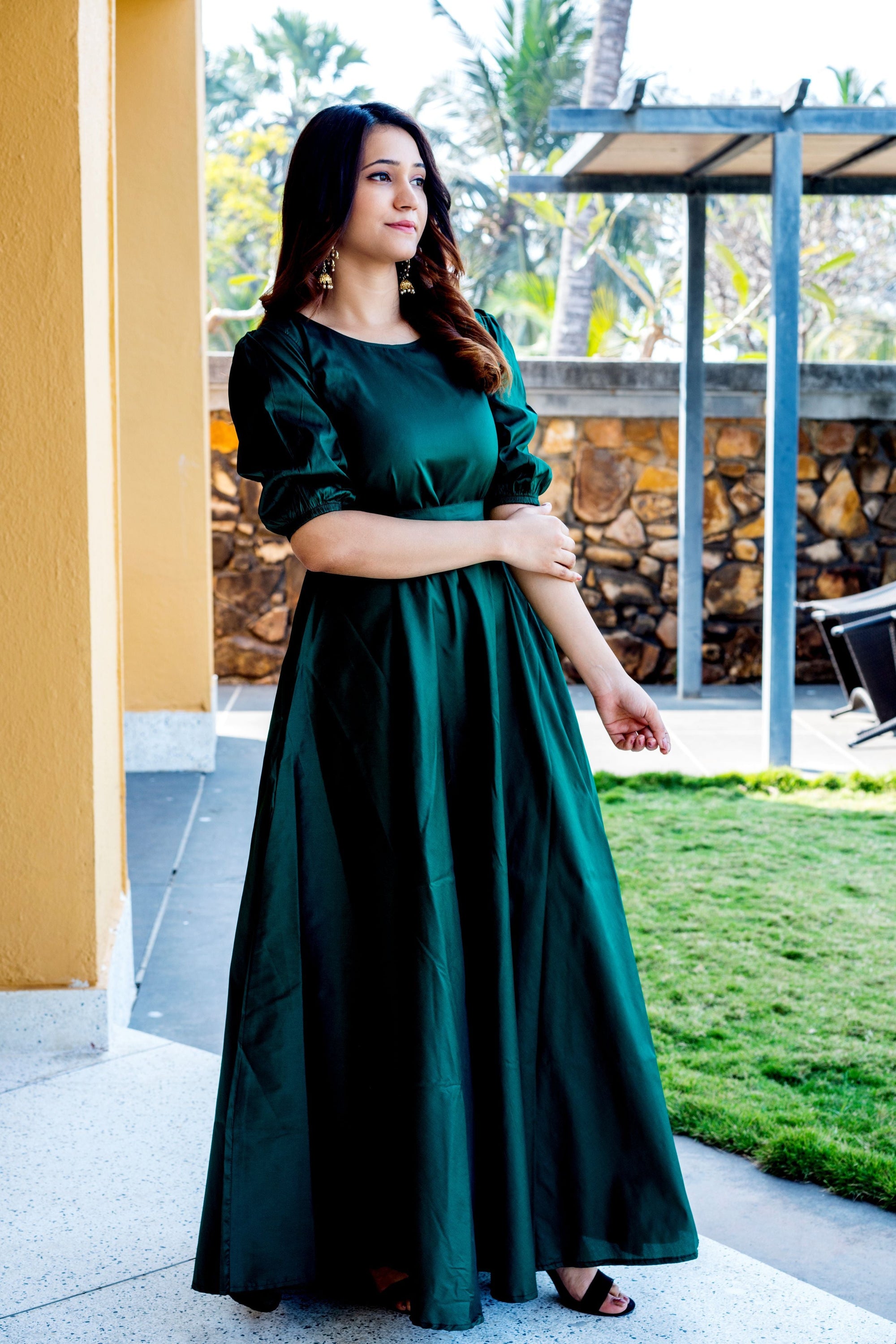 Women Green Tapeta Silk Solid Floor Length Maxi Dress- House of Saba
