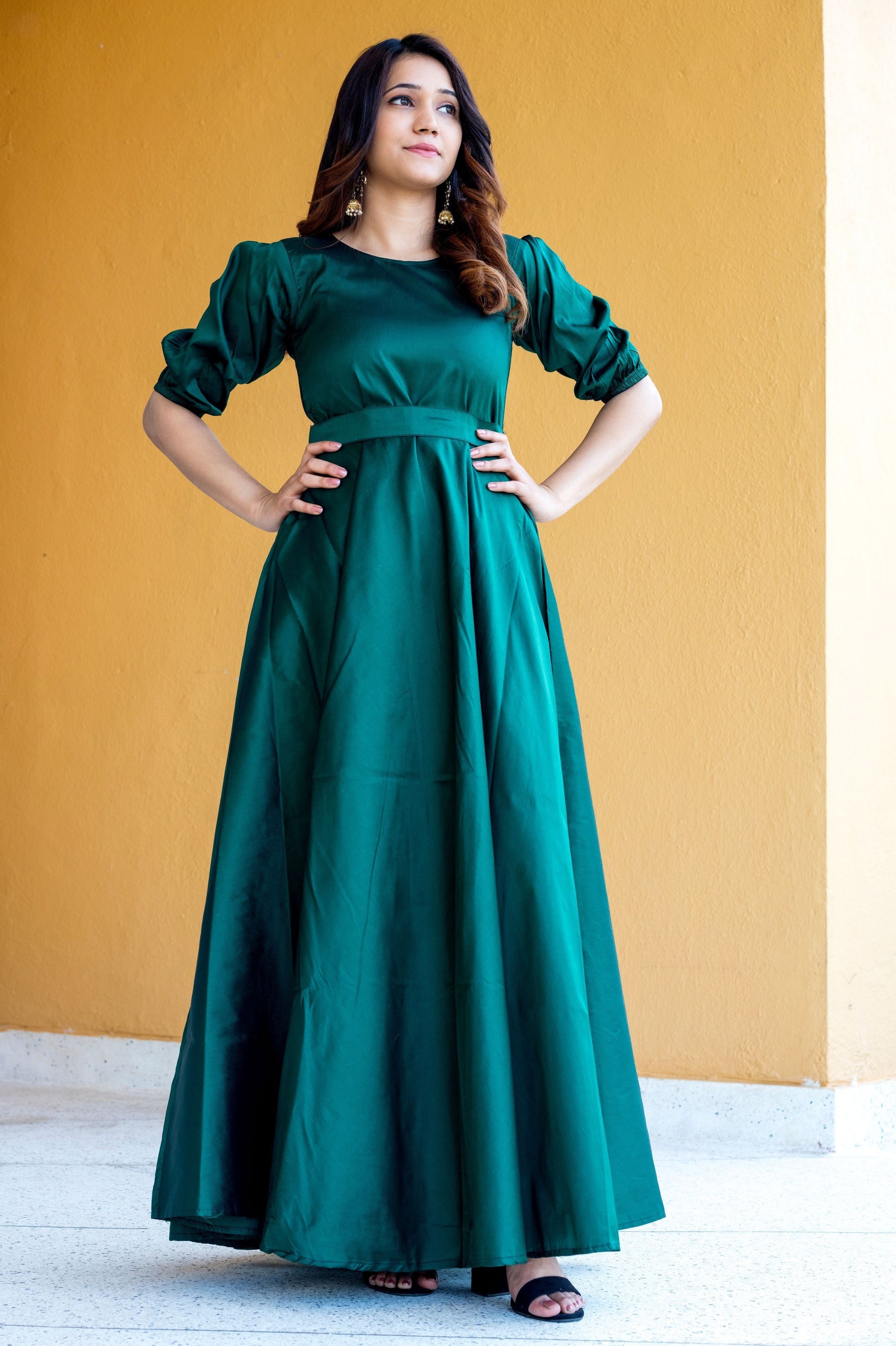 Women Green Tapeta Silk Solid Floor Length Maxi Dress- House of Saba