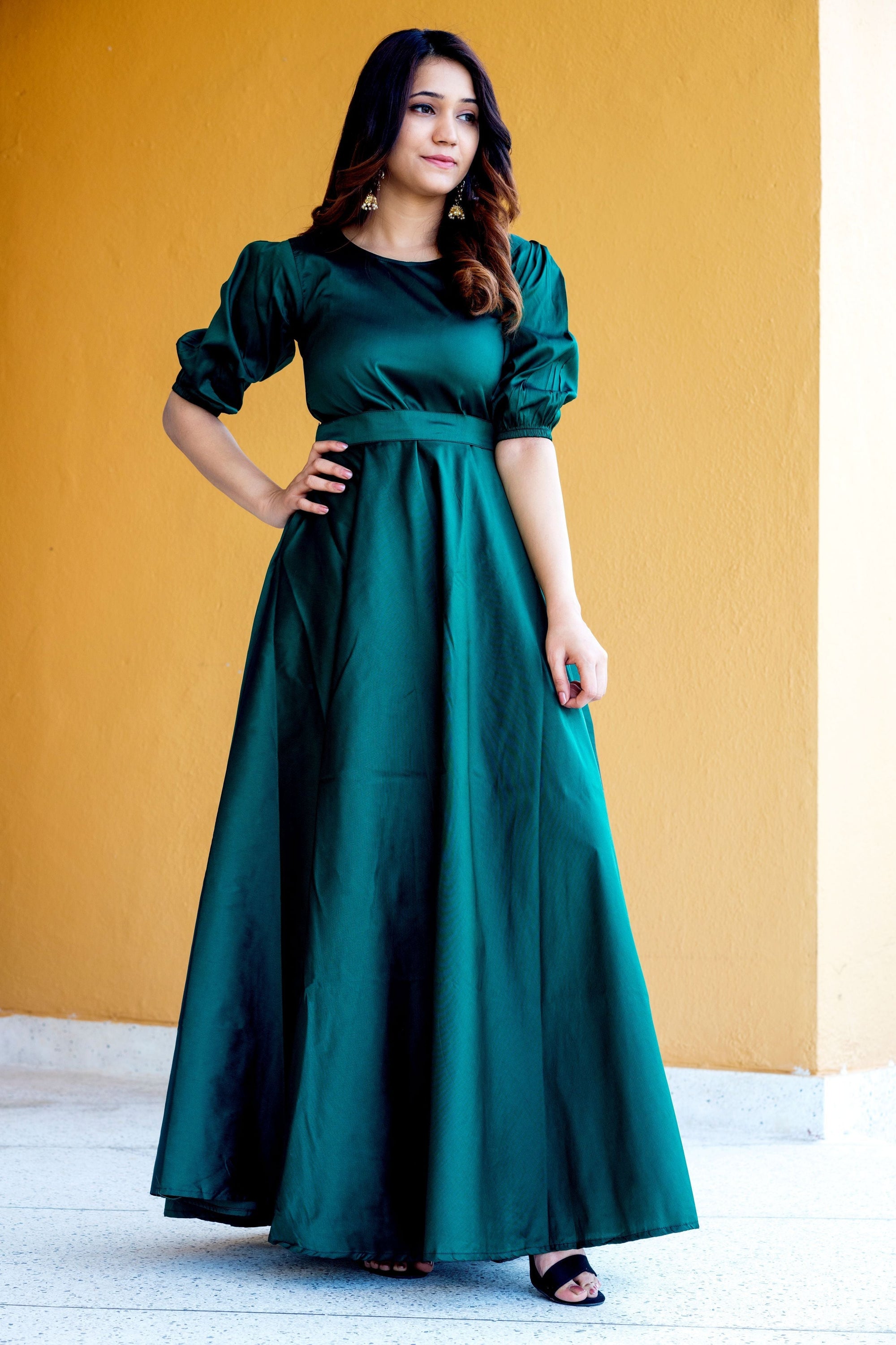 Women Green Tapeta Silk Solid Floor Length Maxi Dress- House of Saba