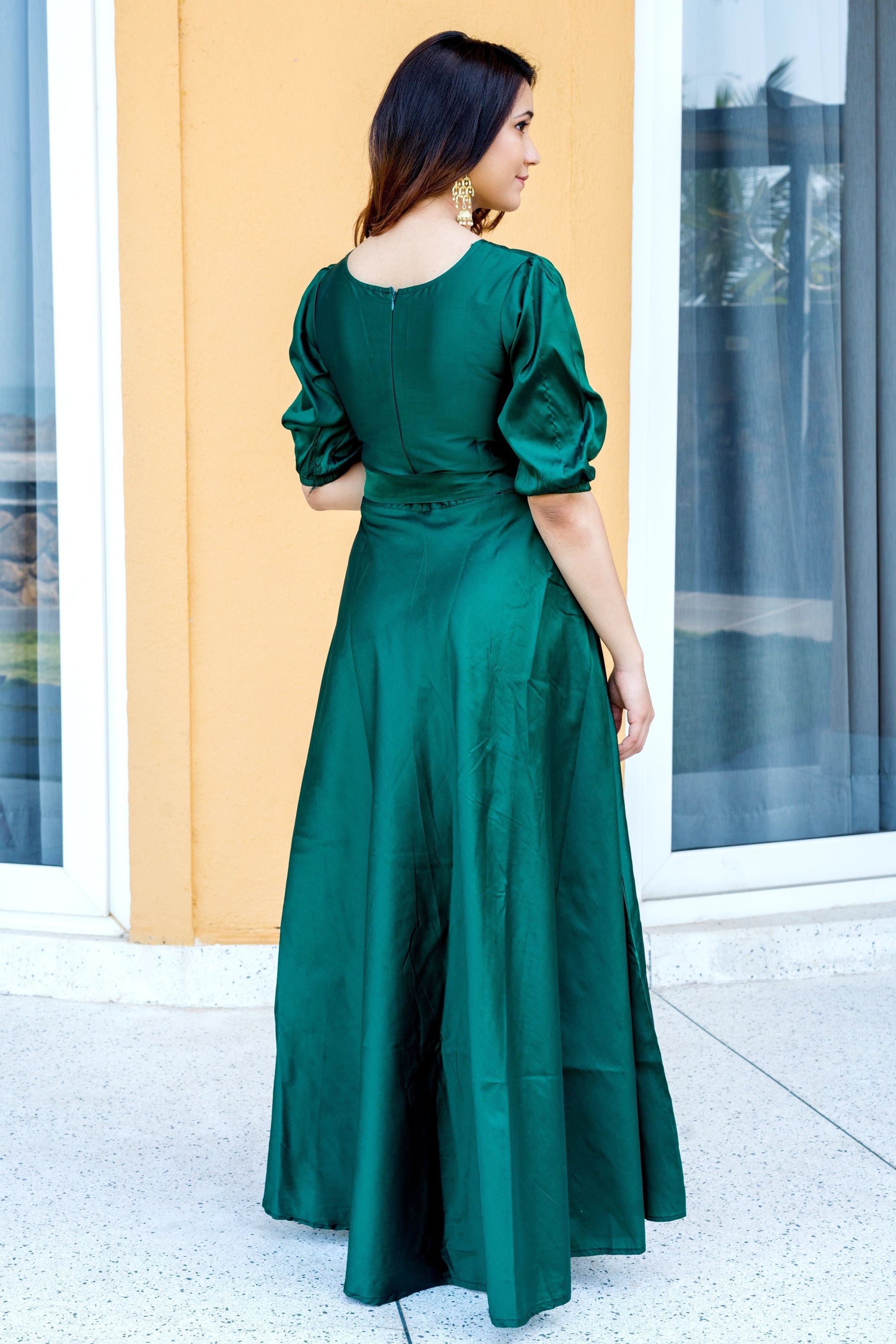 Women Green Tapeta Silk Solid Floor Length Maxi Dress- House of Saba