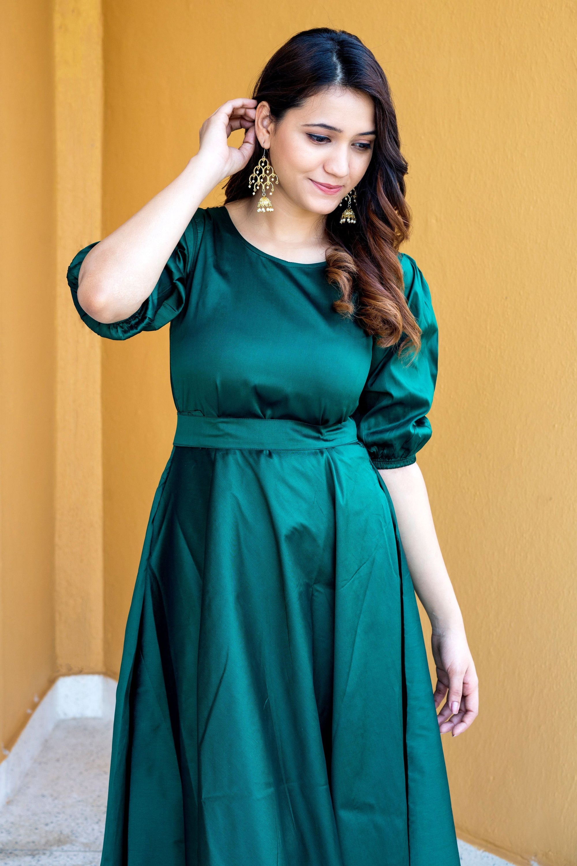 Women Green Tapeta Silk Solid Floor Length Maxi Dress- House of Saba