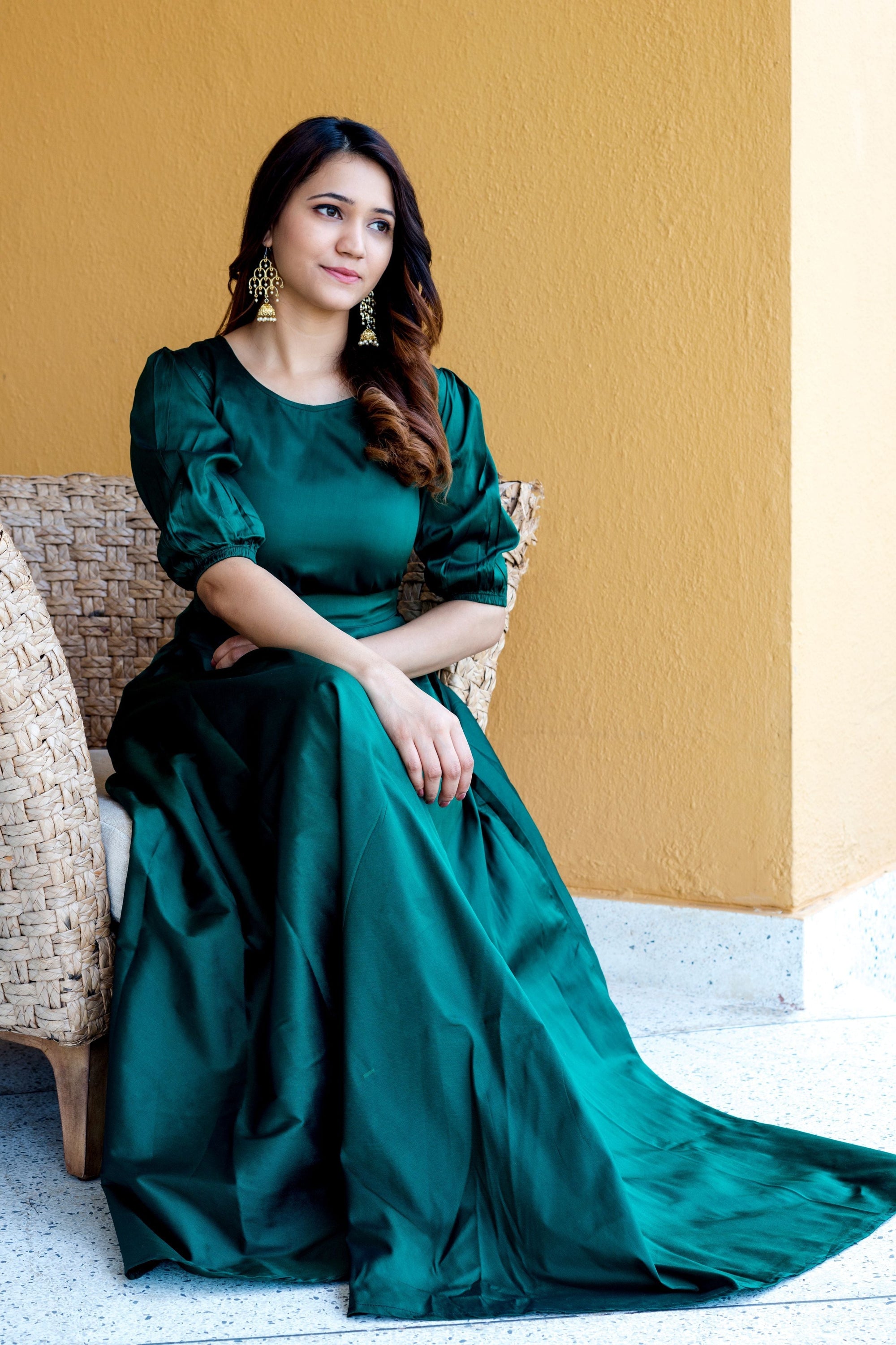 Women Green Tapeta Silk Solid Floor Length Maxi Dress- House of Saba