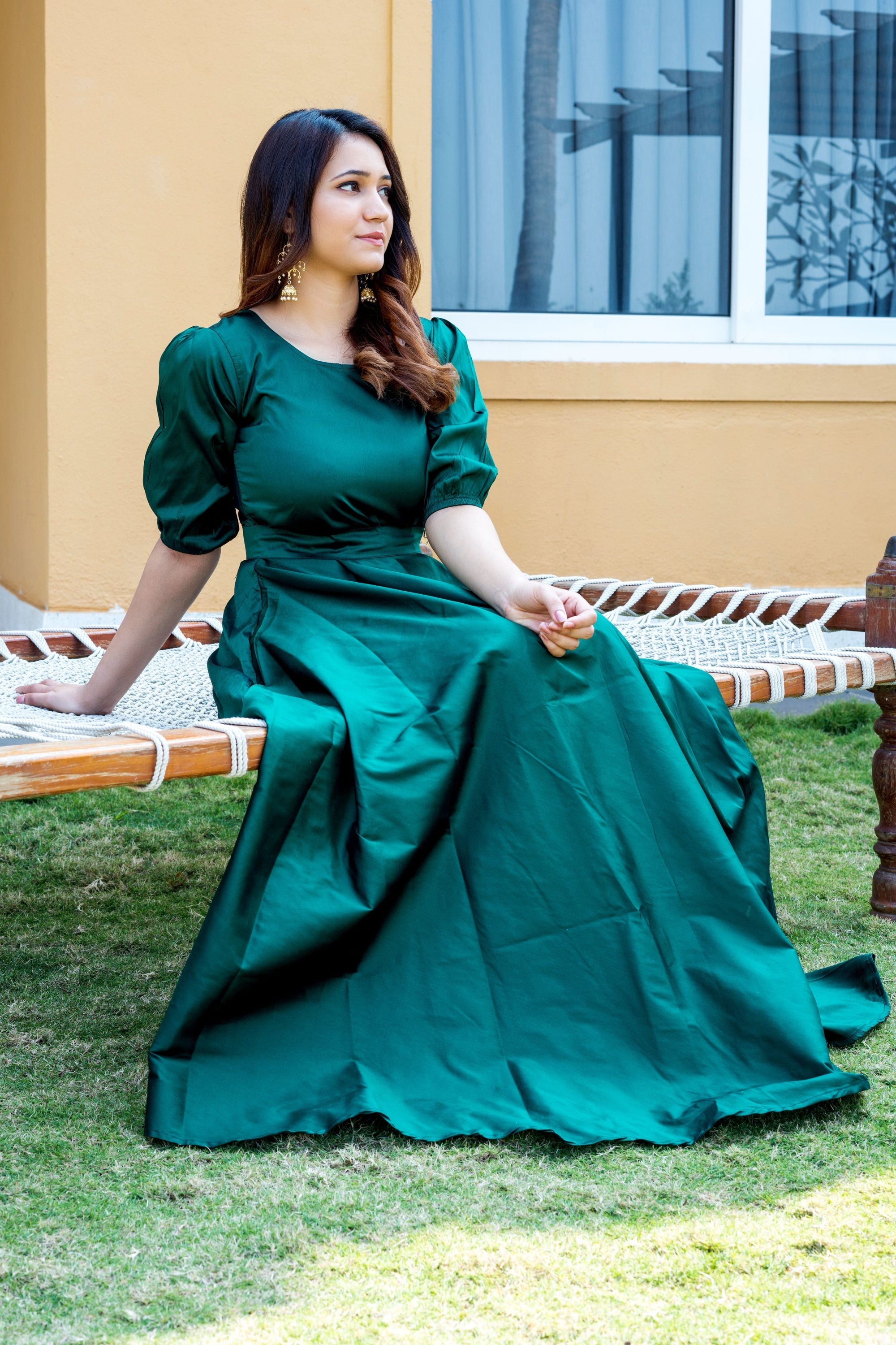 Women Green Tapeta Silk Solid Floor Length Maxi Dress- House of Saba