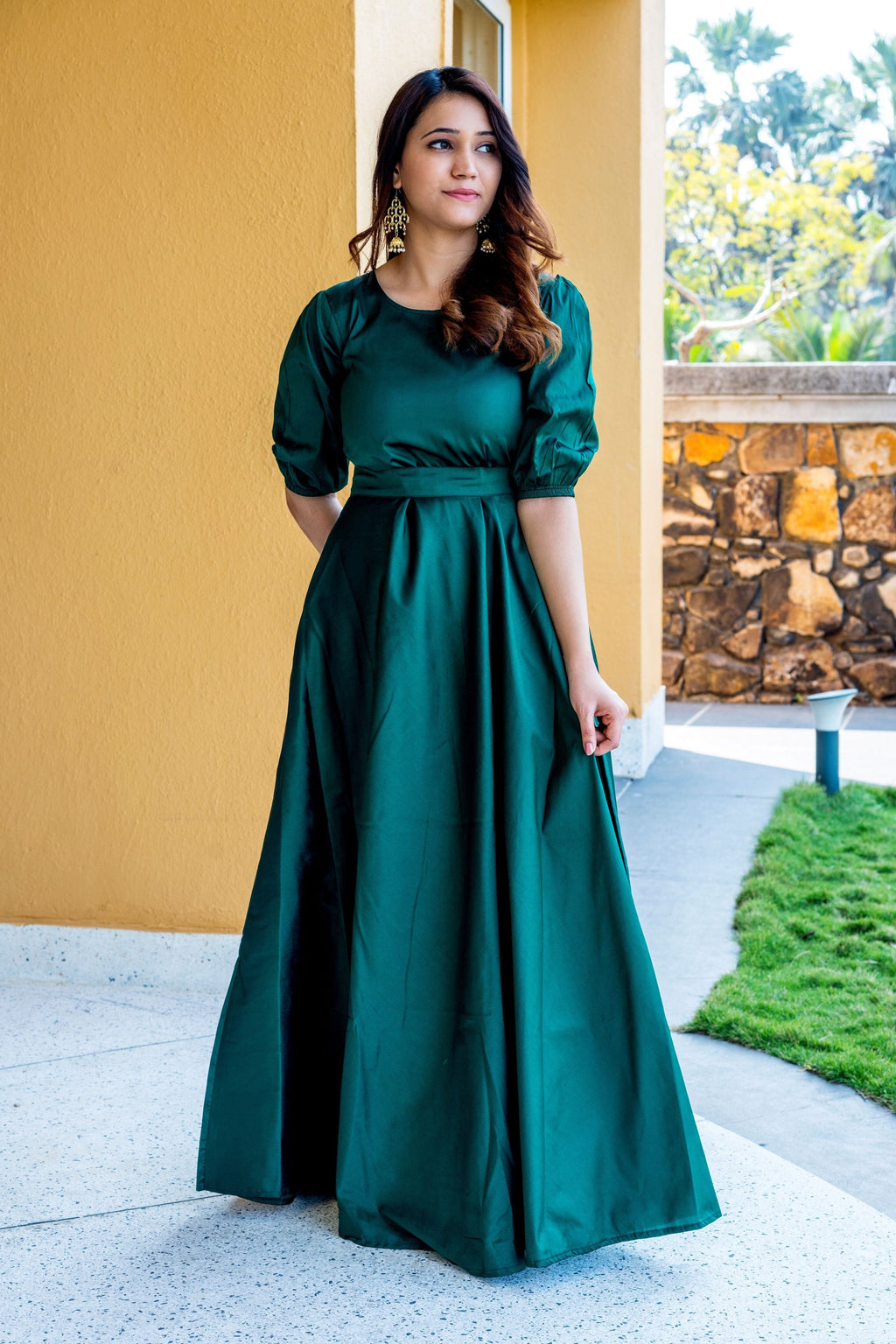 Women Green Tapeta Silk Solid Floor Length Maxi Dress- House of Saba S