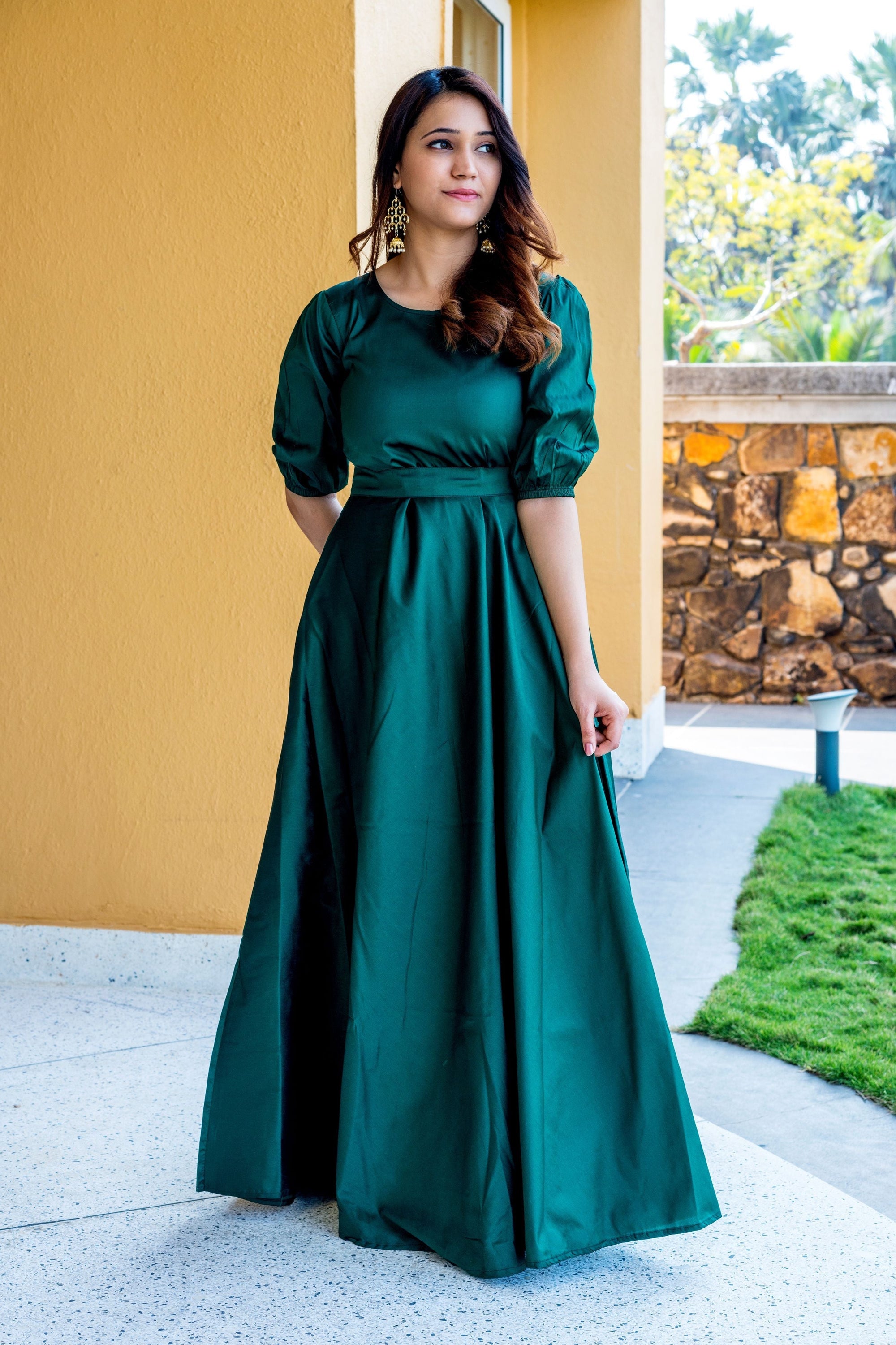 Women Green Tapeta Silk Solid Floor Length Maxi Dress- House of Saba S