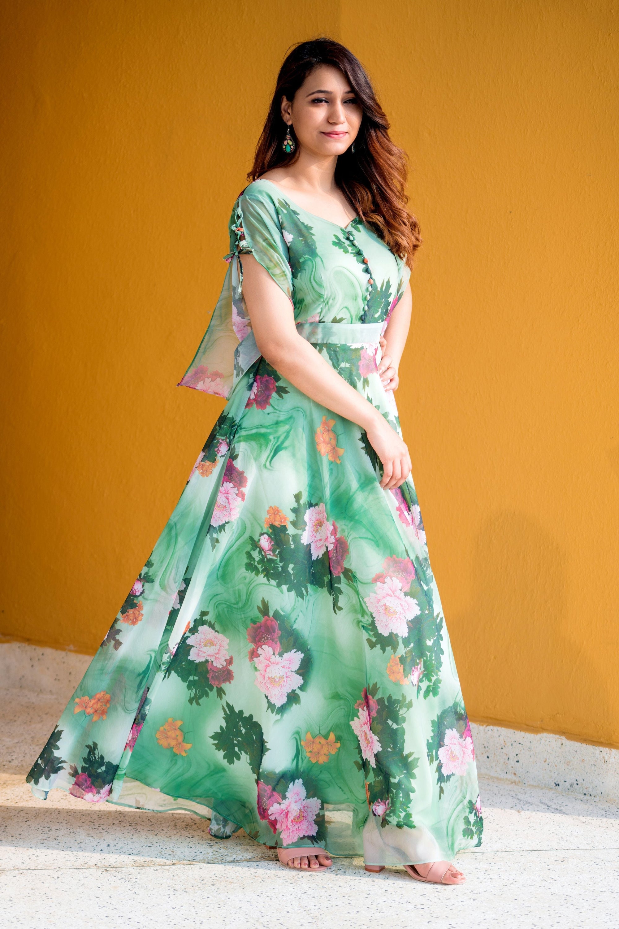 Women Green Floral Print Maxi Dress- House of Saba S