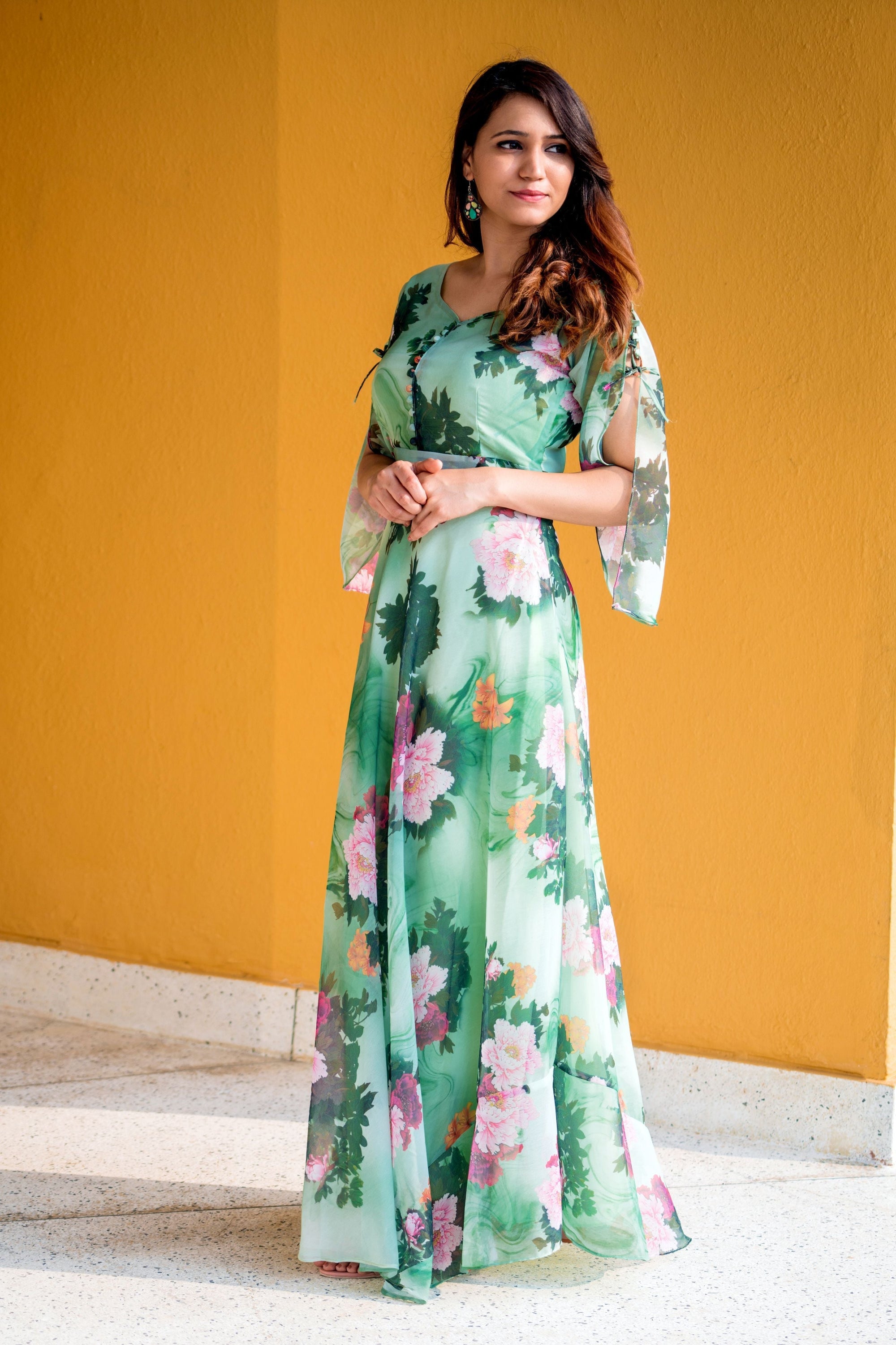 Women Green Floral Print Maxi Dress- House of Saba
